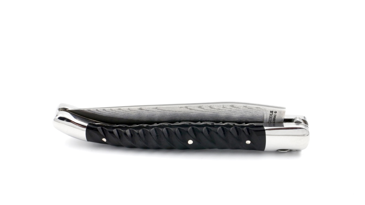 106B2A49-8A5B-4933-A981-7F470AEE49ED_1_105_c Laguiole en Aubrac double plate knife jap. damascus twisted Ebony 12 cm