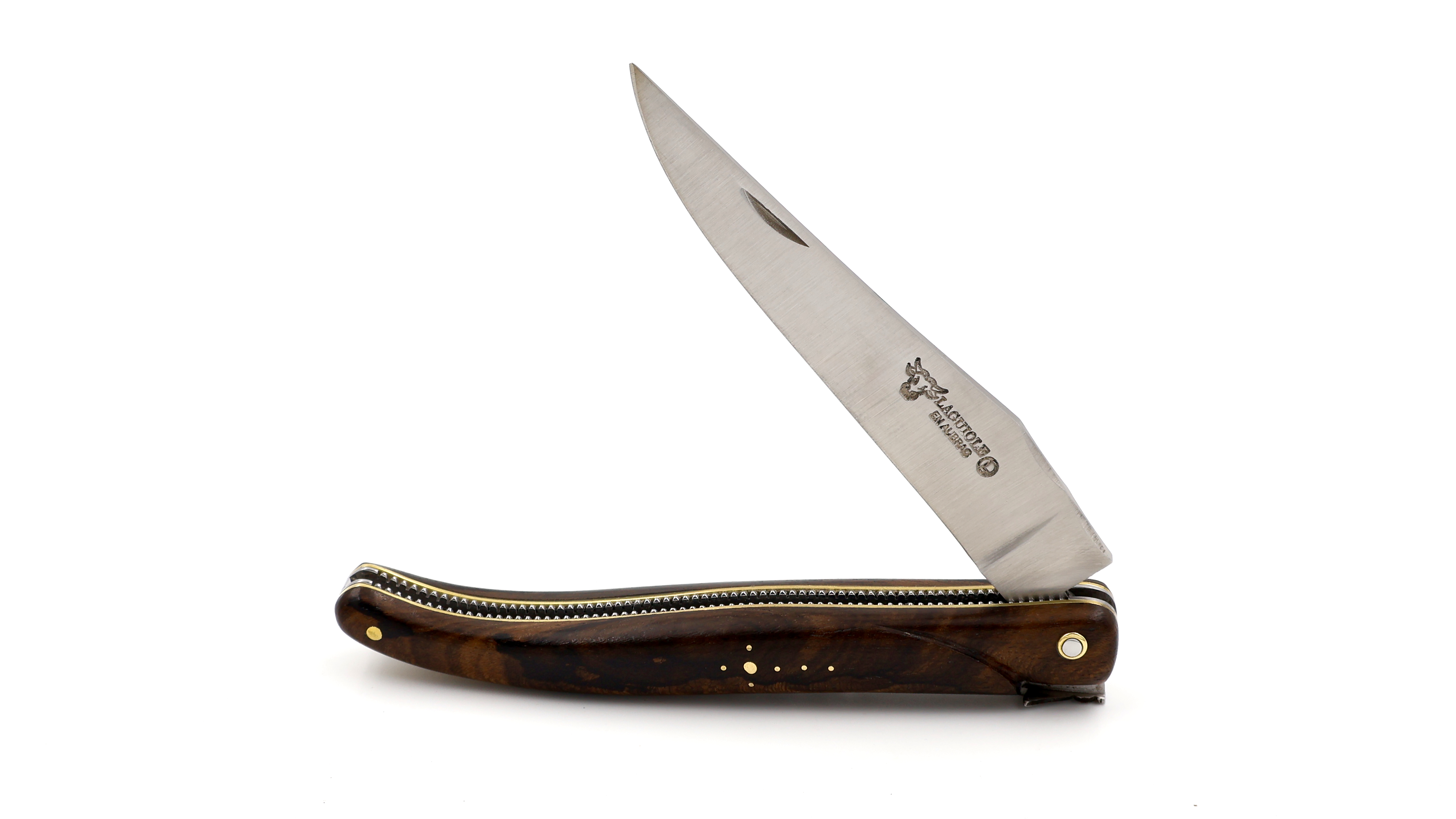 Laguiole en Aubrac "Pearl" full handle doubel plates bi-color walnut burlwood 12 cm