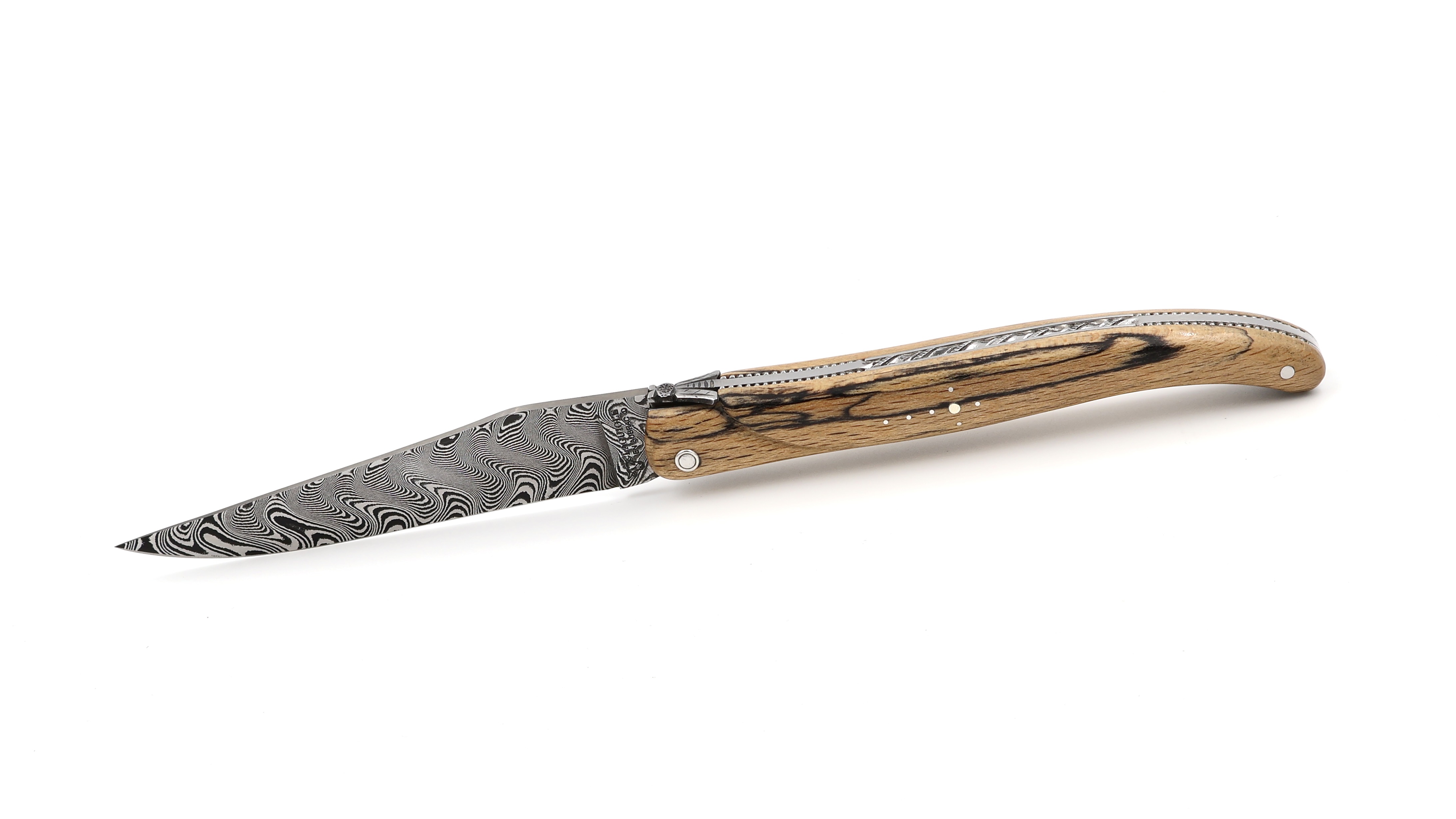 Laguiole en Aubrac Modell Perle DSC® Carbon Damast Aubrac Holz guillochiert massiver Griff 12 cm