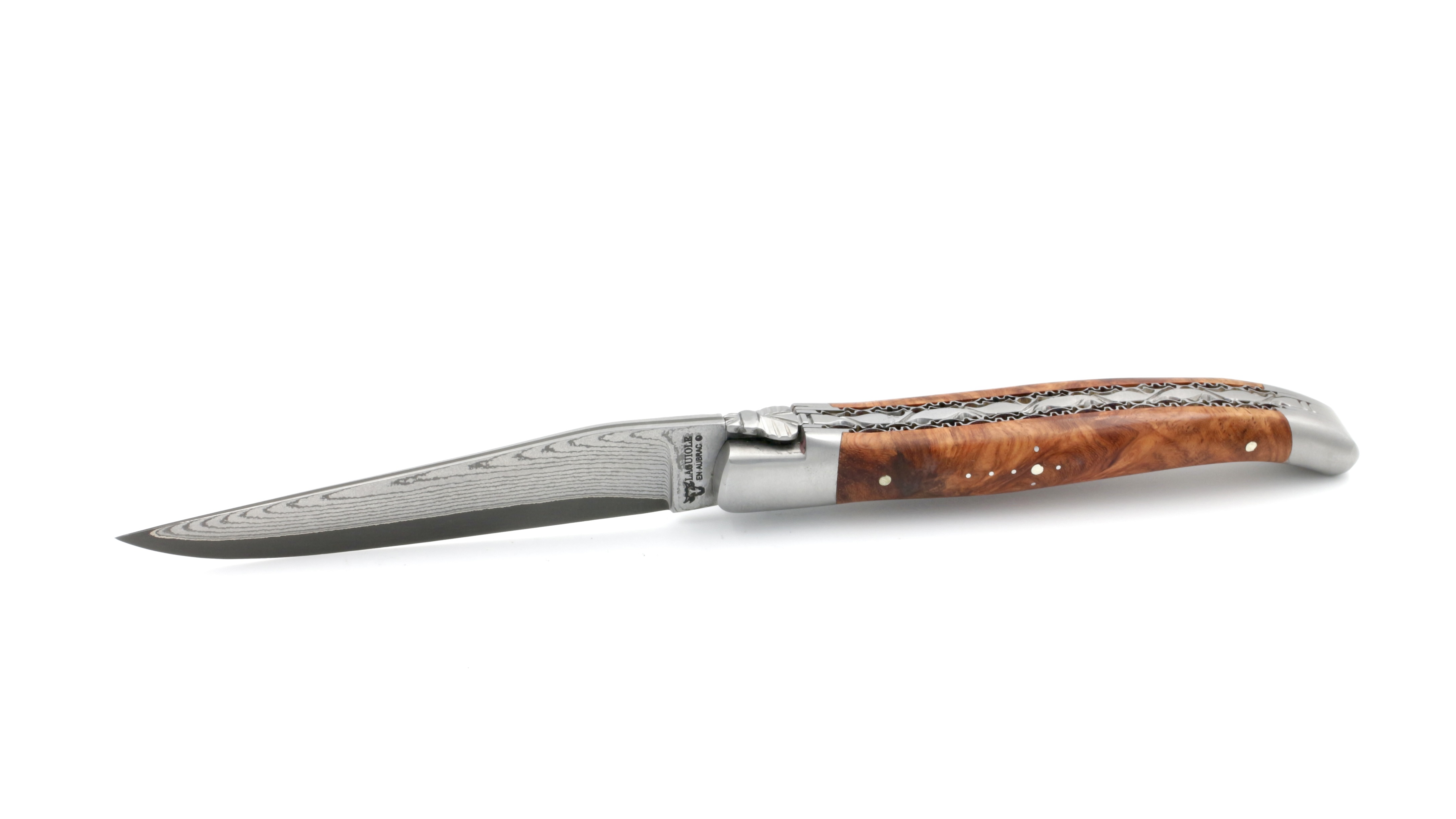 AC6C30D0-952A-4843-8729-5C272F106F9A_1_201_a Laguiole en Aubrac jap. Damastklinge Amboina Wurzelholz Doppelplatine 12 cm
