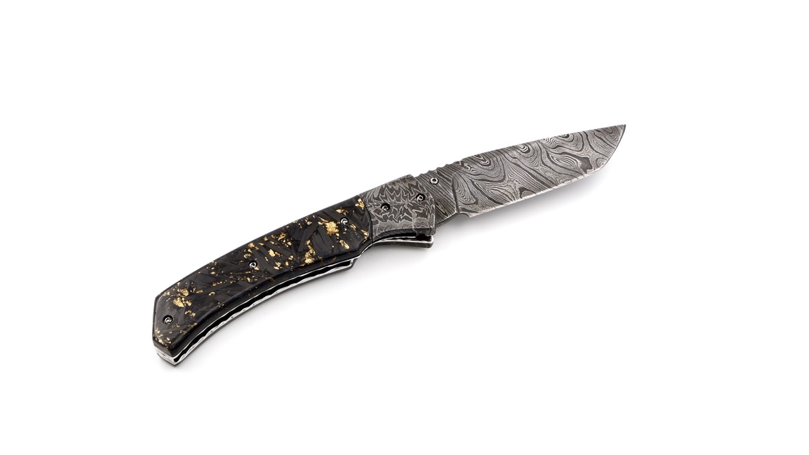 Olivier Moretti  Linerlock Taschenmesser Carbonfiber Damastklinge 