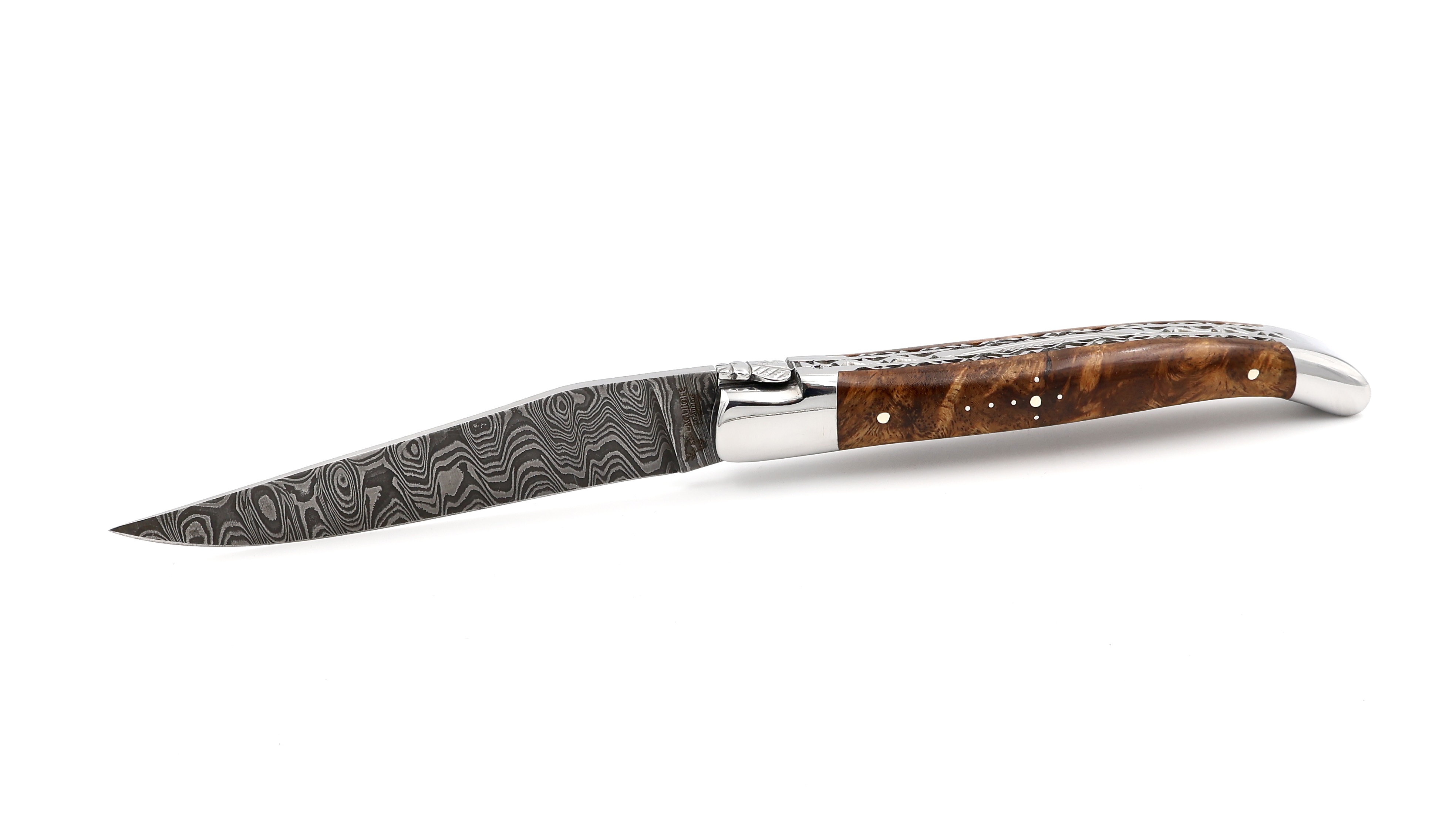 Laguiole en Aubrac Leiterdamast Amboina Wurzelholz poliert Doppelplatine 12 cm