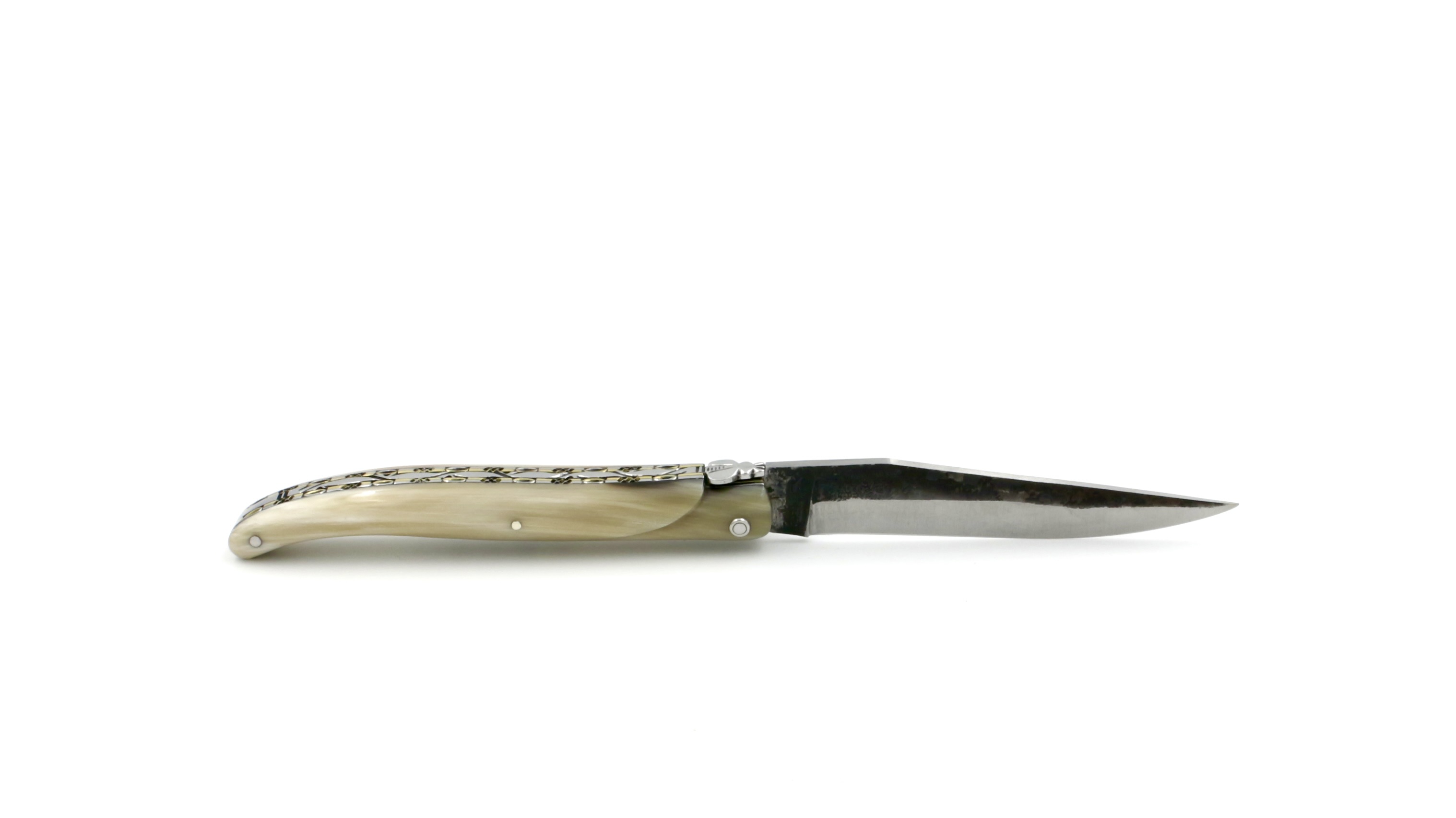 Laguiole en Aubrac double plates knife Brut de Forge Horn tip full handle brass plates 12 cm