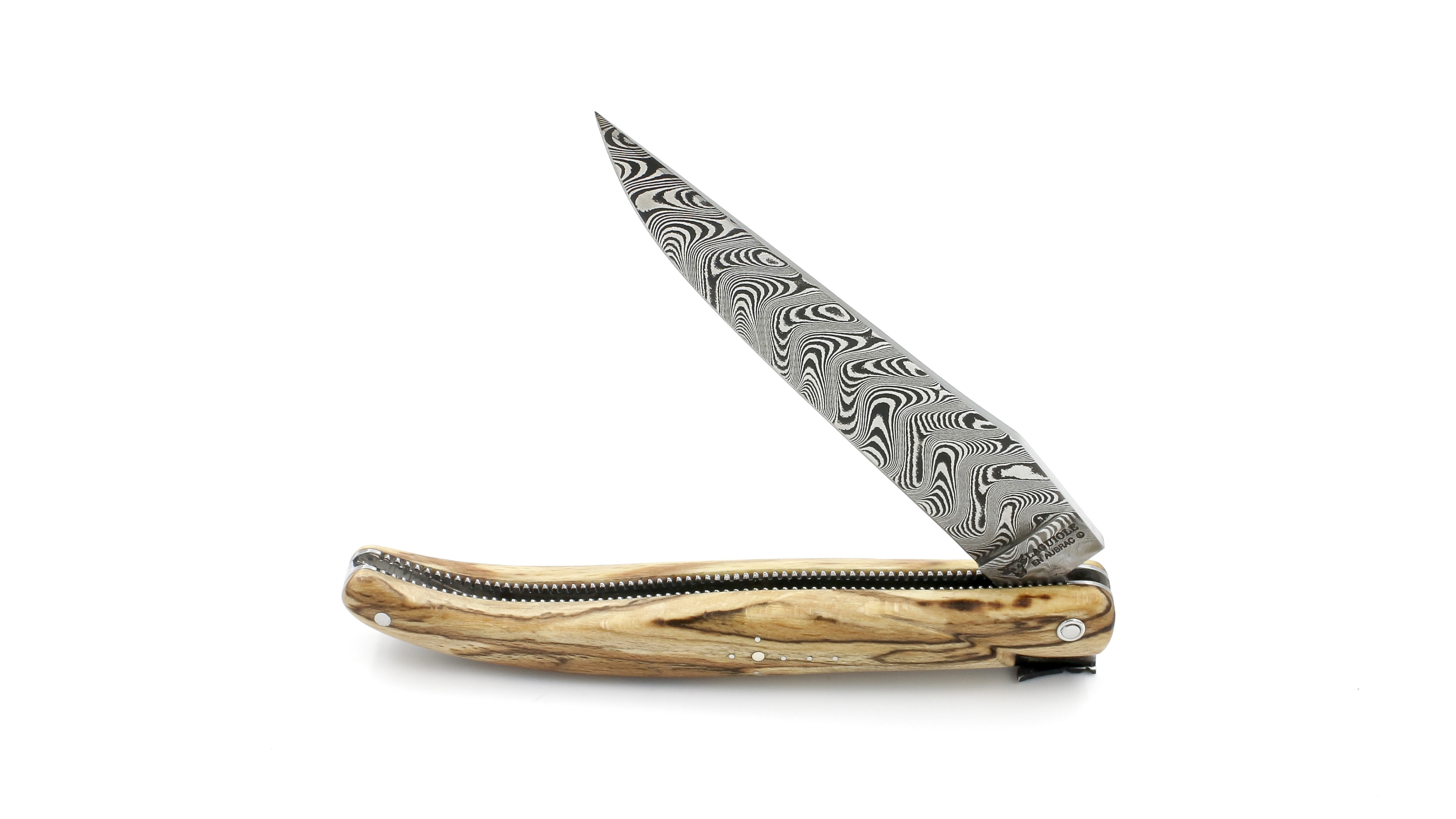 Laguiole en Aubrac Modell Perle DSC® Carbon Damast Aubrac Holz guillochiert massiver Griff 12 cm
