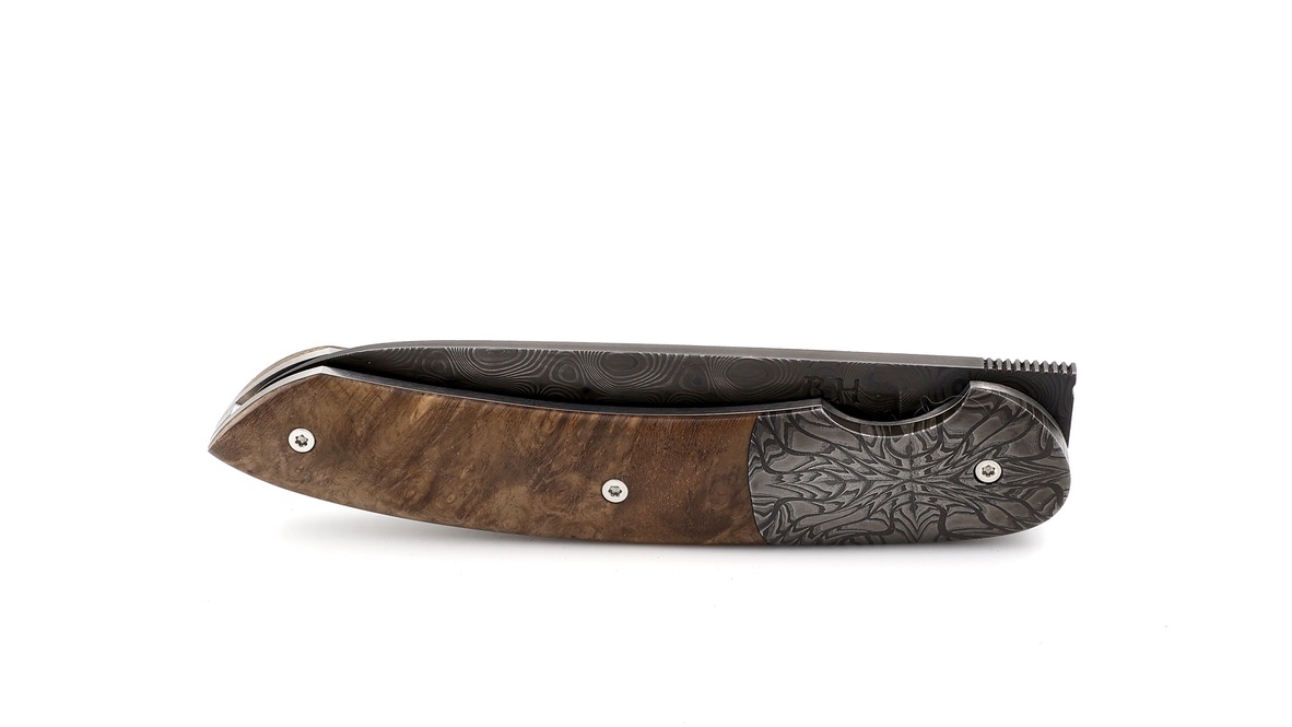 Benjamin Hée Liner-Lock knife walnut burl wood Achim Wirtz damascus 12 cm 