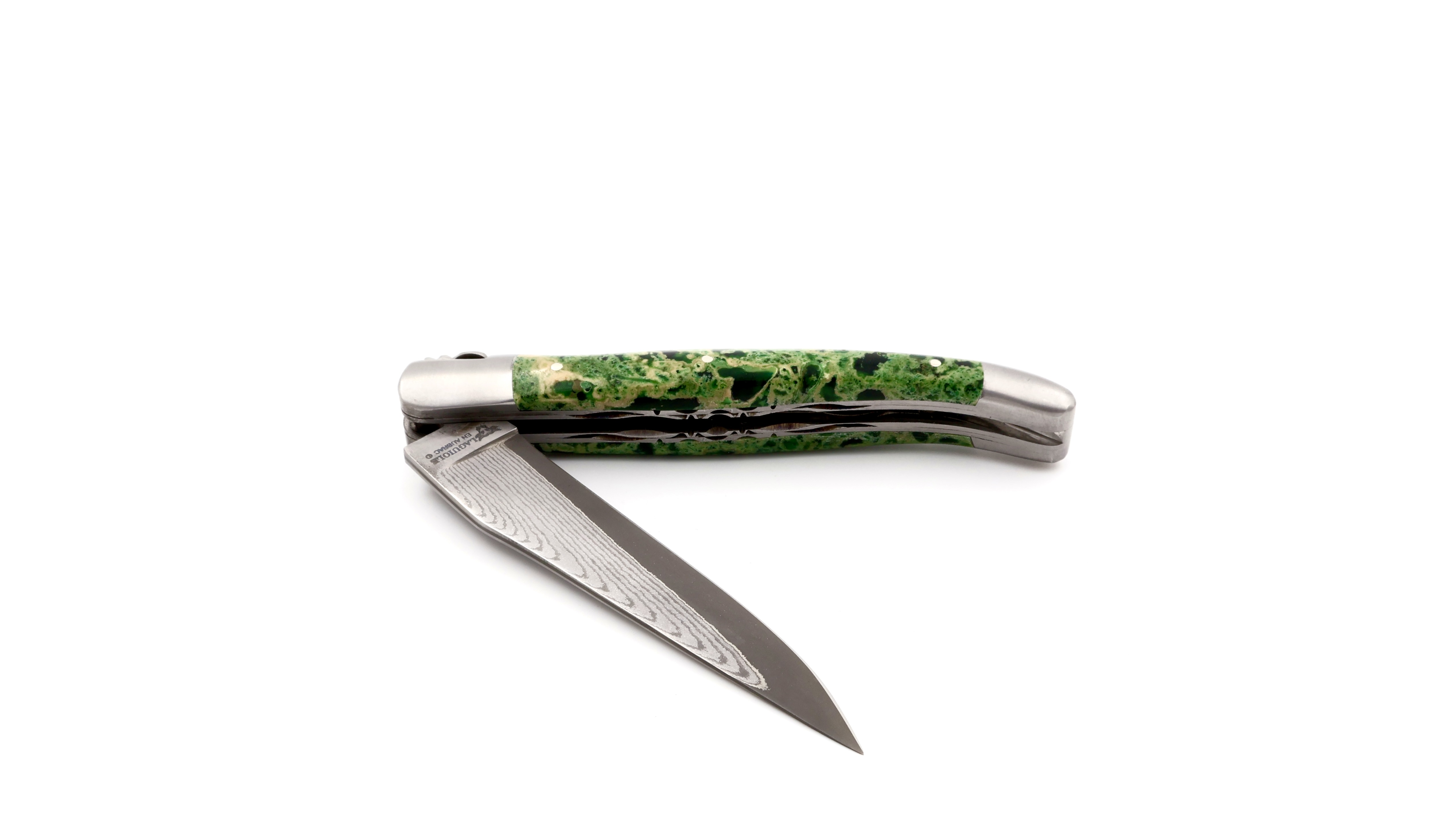 Laguiole en Aubrac jap. Damast grüner Lavastein Doppelplatine 12 cm 