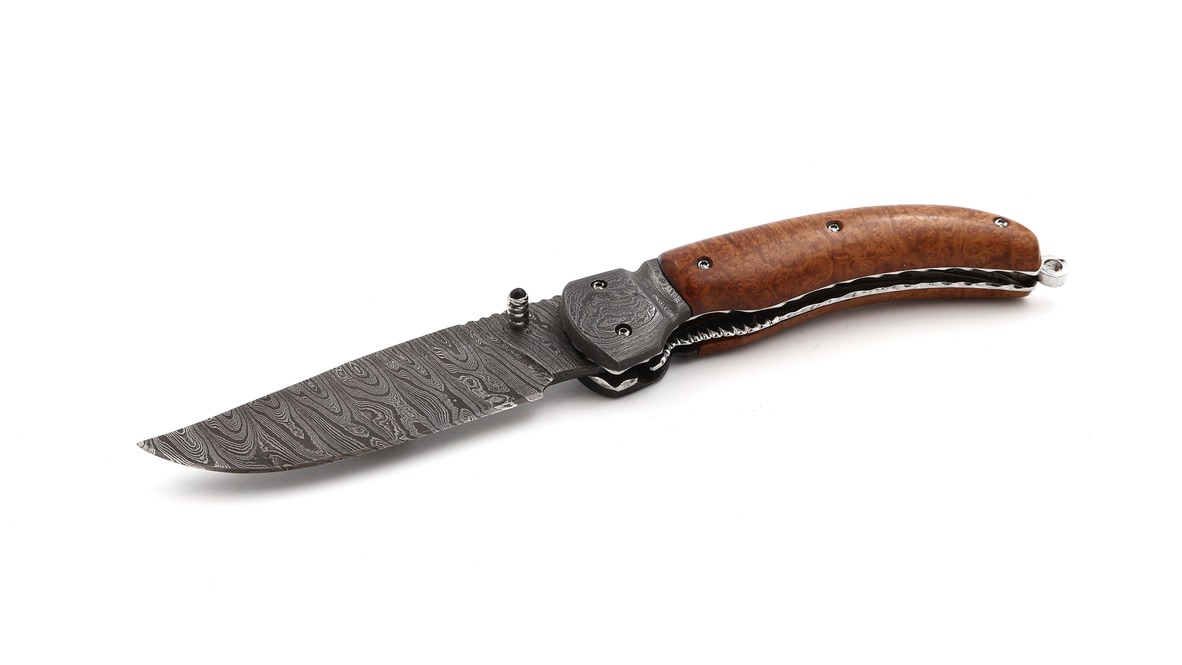 Olivier Moretti Linerlock Taschenmesser Bruyére-Wurzelholz Damastklinge 