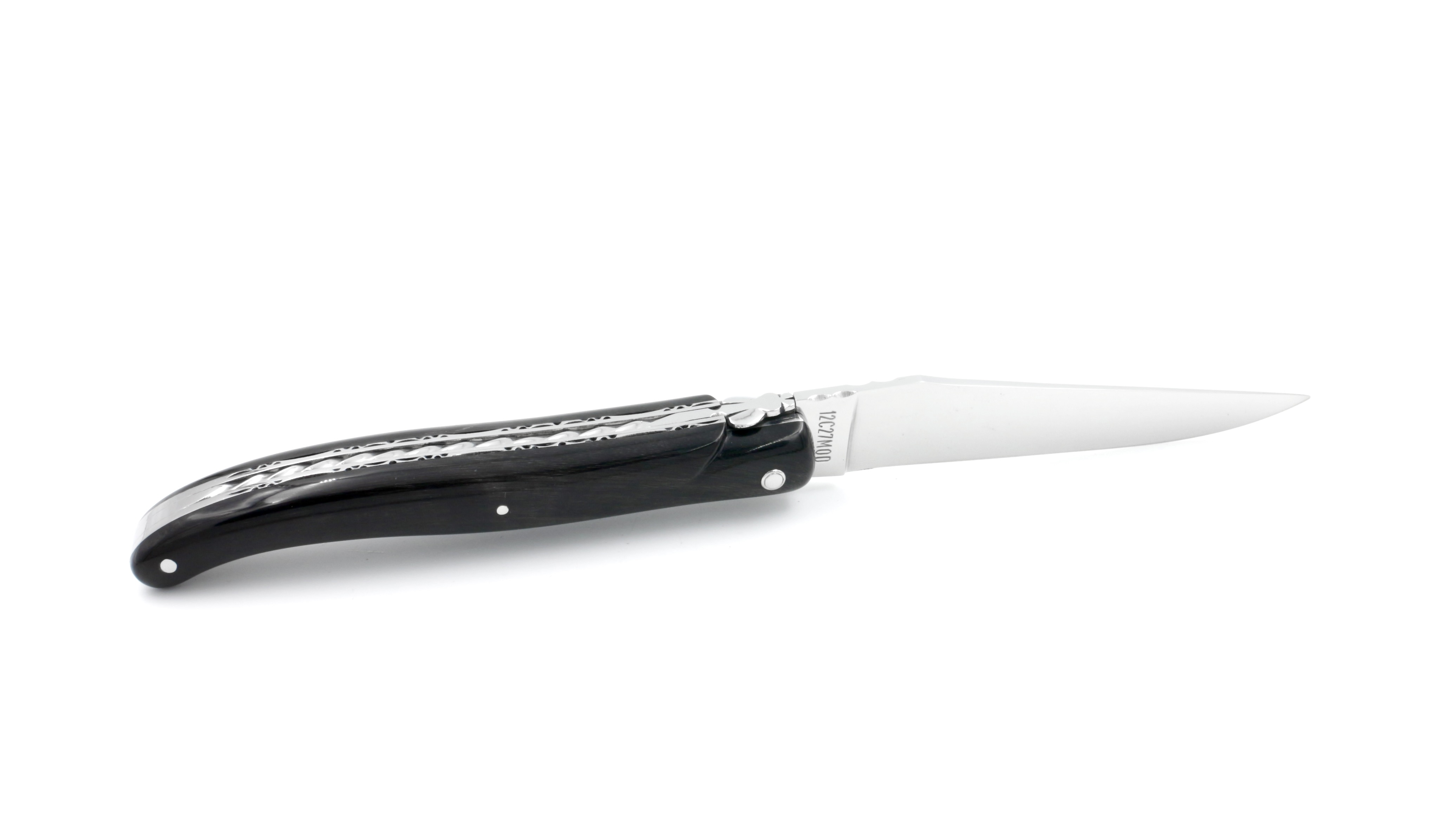 Laguiole en Aubrac double plates knife Spiral spring full handle buffalo horn 12 cm