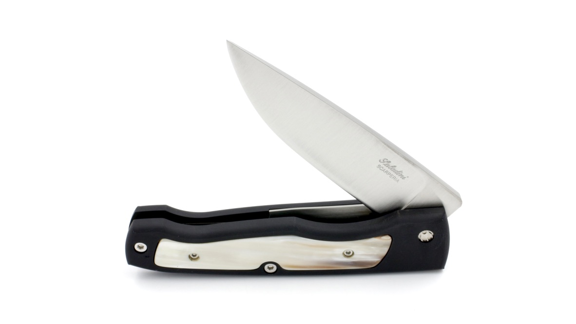 Saladini knife bushcraft pocket knife anidized aluminium and horntip inlay