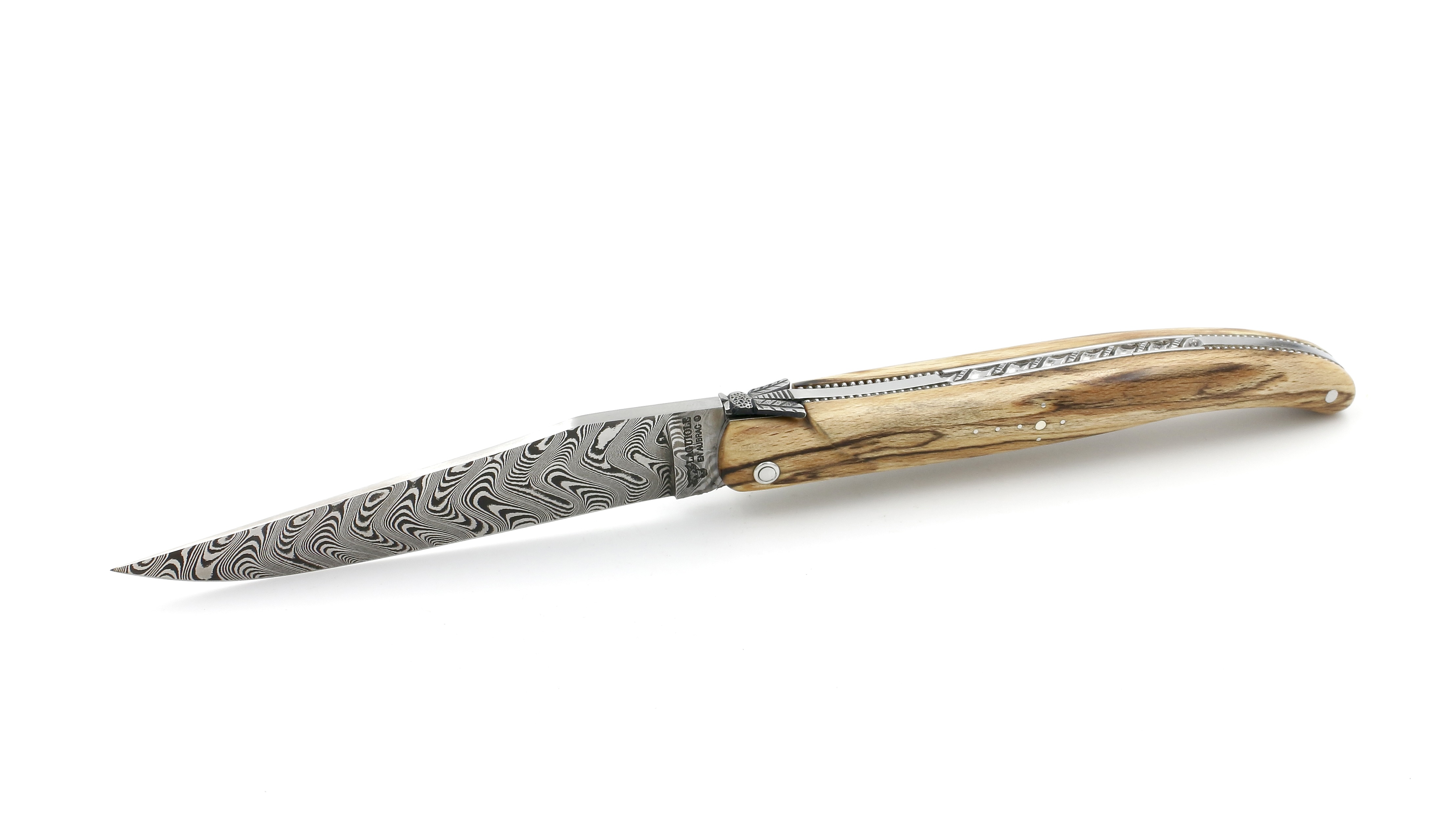 Laguiole en Aubrac Modell Perle Damastklinge Aubrac Holz guillochiert massiver Griff 12 cm 