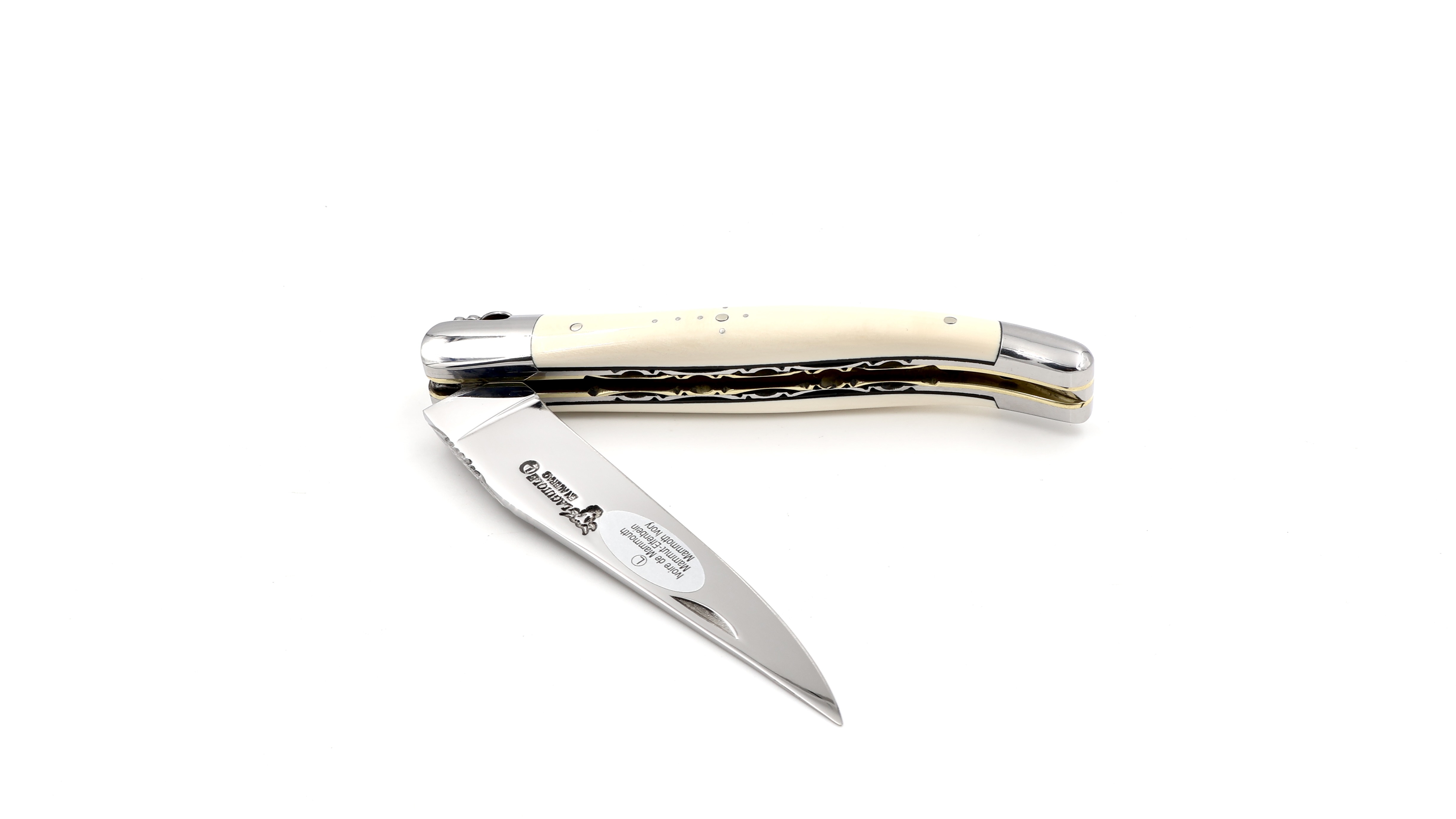 Laguiole en Aubrac double plate knife Mammoth ivory with brass plates 12 cm