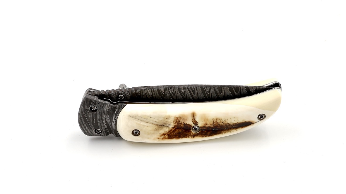 Olivier Moretti Linerlock Taschenmesser Wüstenwarzenschwein-Elfenbein Damastklinge 