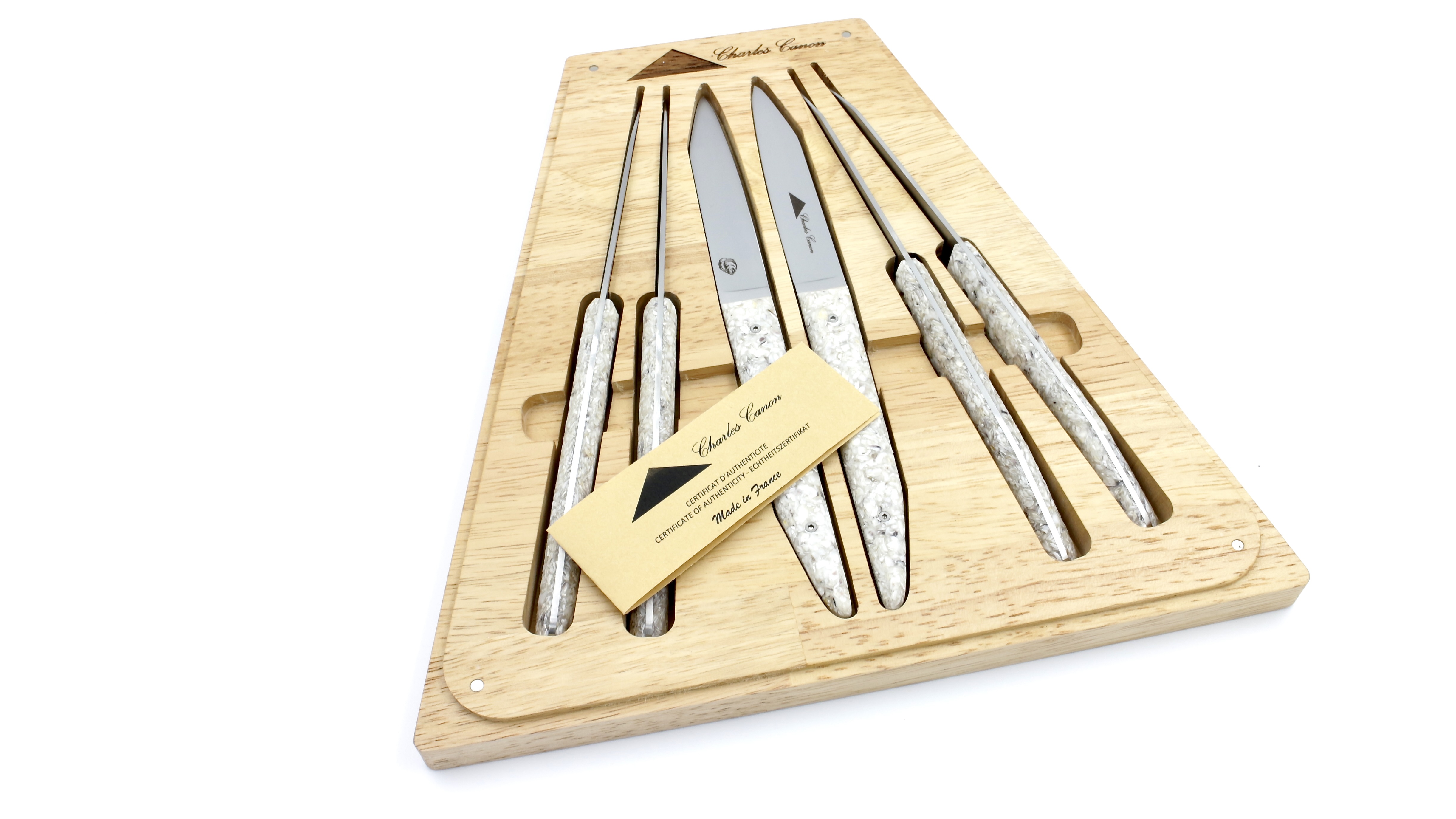 D8DE080B-A574-4FA9-BC09-33080E22870F_1_201_a Charles Canon Le TERRIL Steakknives set of six oyster shell stabilized