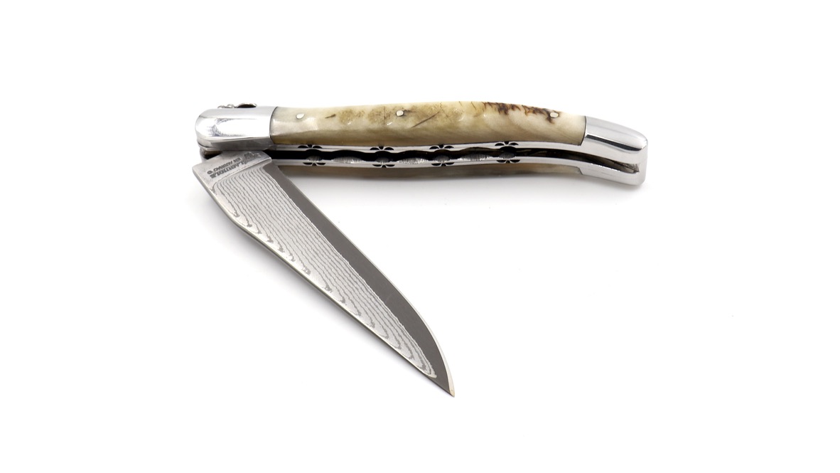 Laguiole en Aubrac double plate knife jap. damascus Ram horn 12 cm