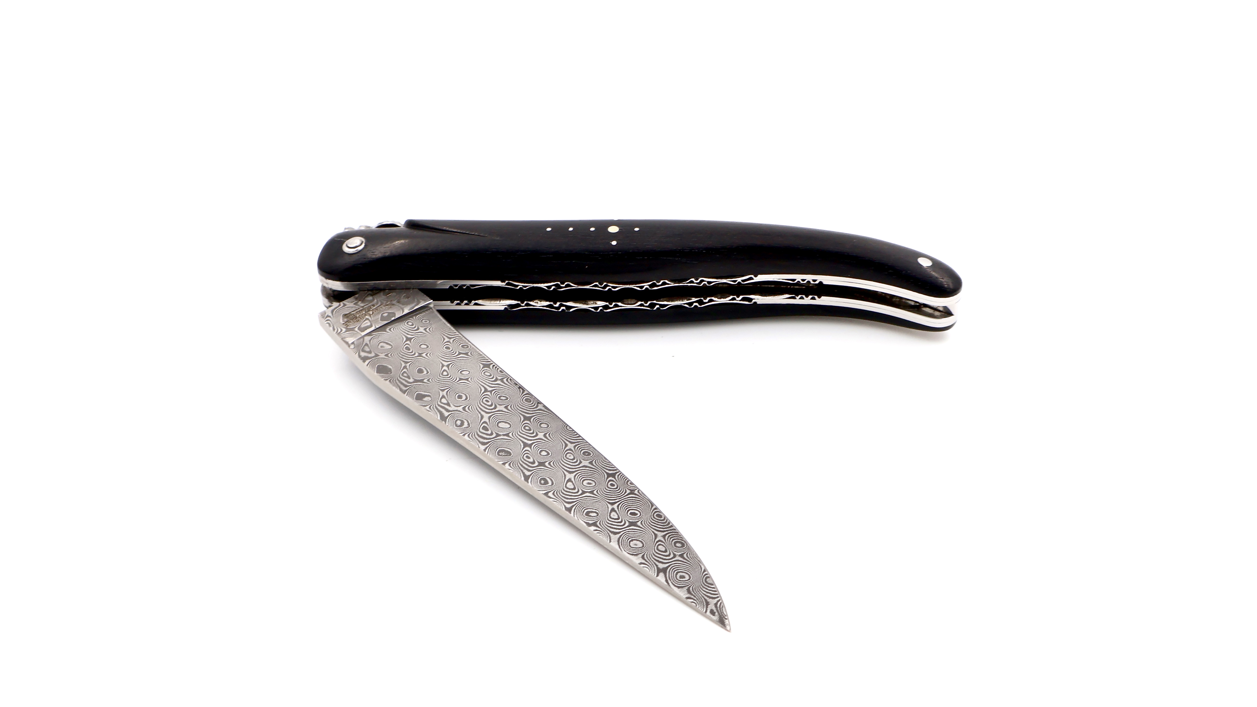 Laguiole en Aubrac damascus ebony full handle with double plates 12 cm shiny