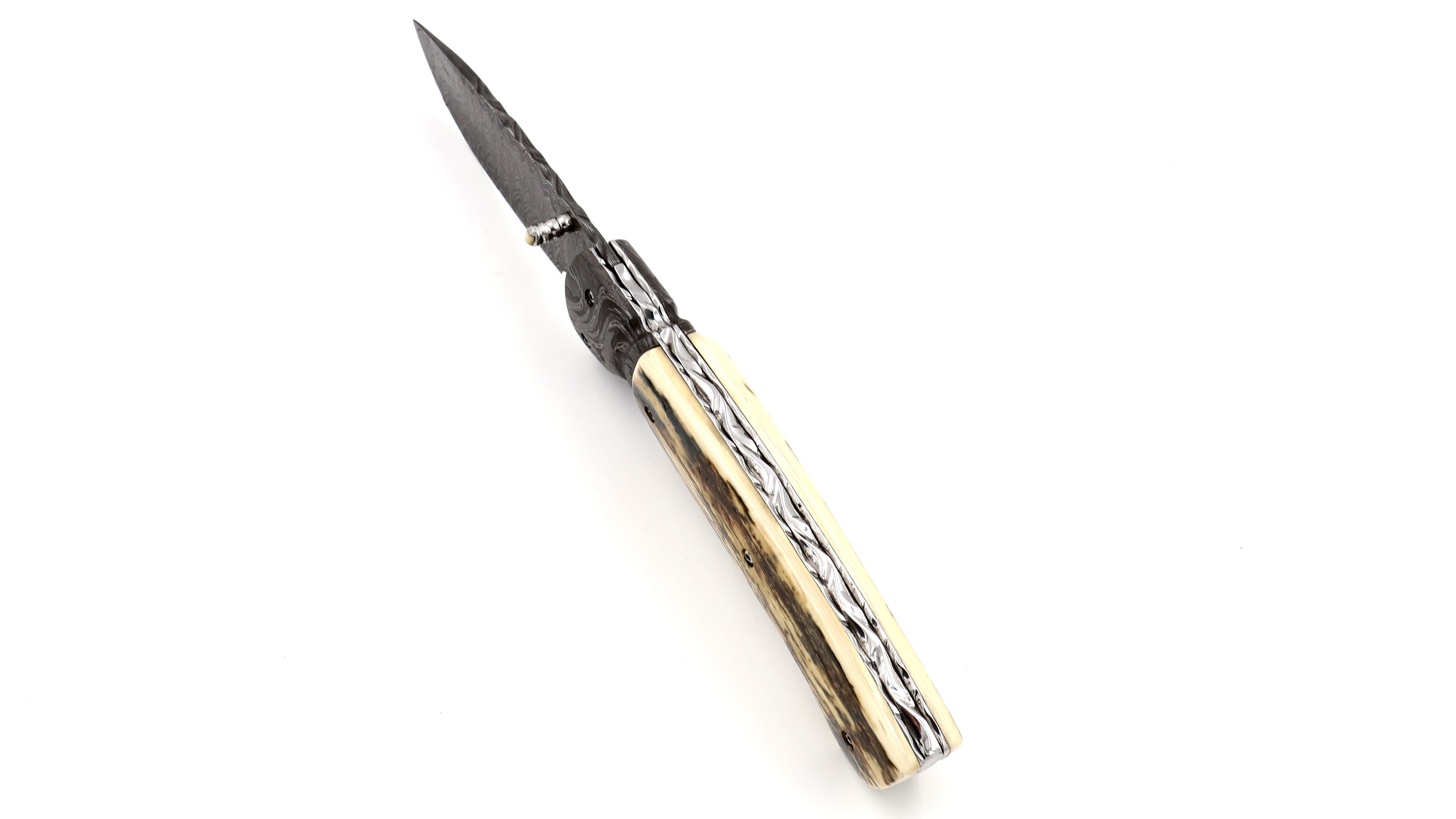 Olivier Moretti Linerlock Taschenmesser Mammutelfenbein Damastklinge 