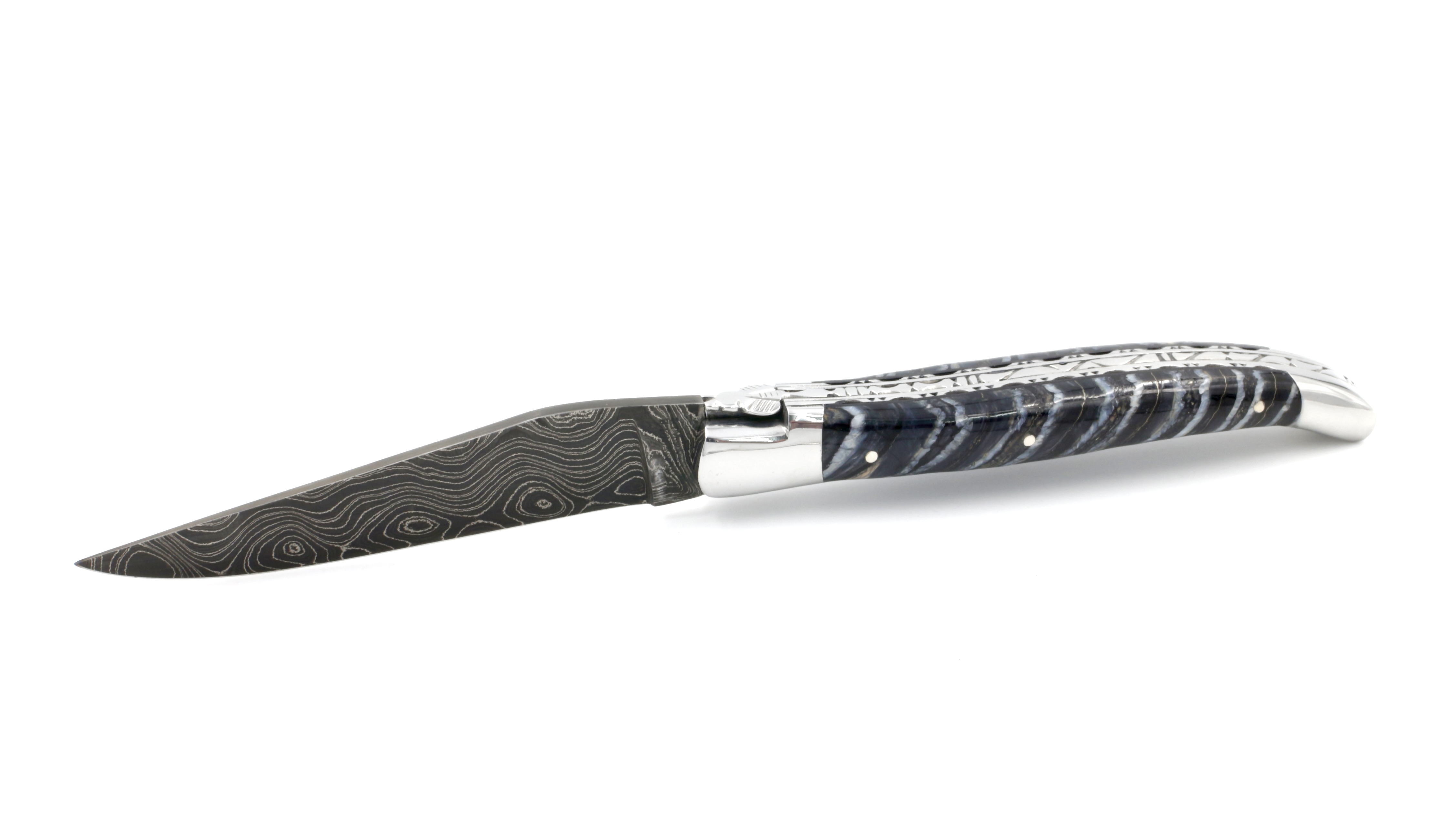 Laguiole en Aubrac Leiterdamast Mammutbackenzahn blau Doppelplatine 12 cm 