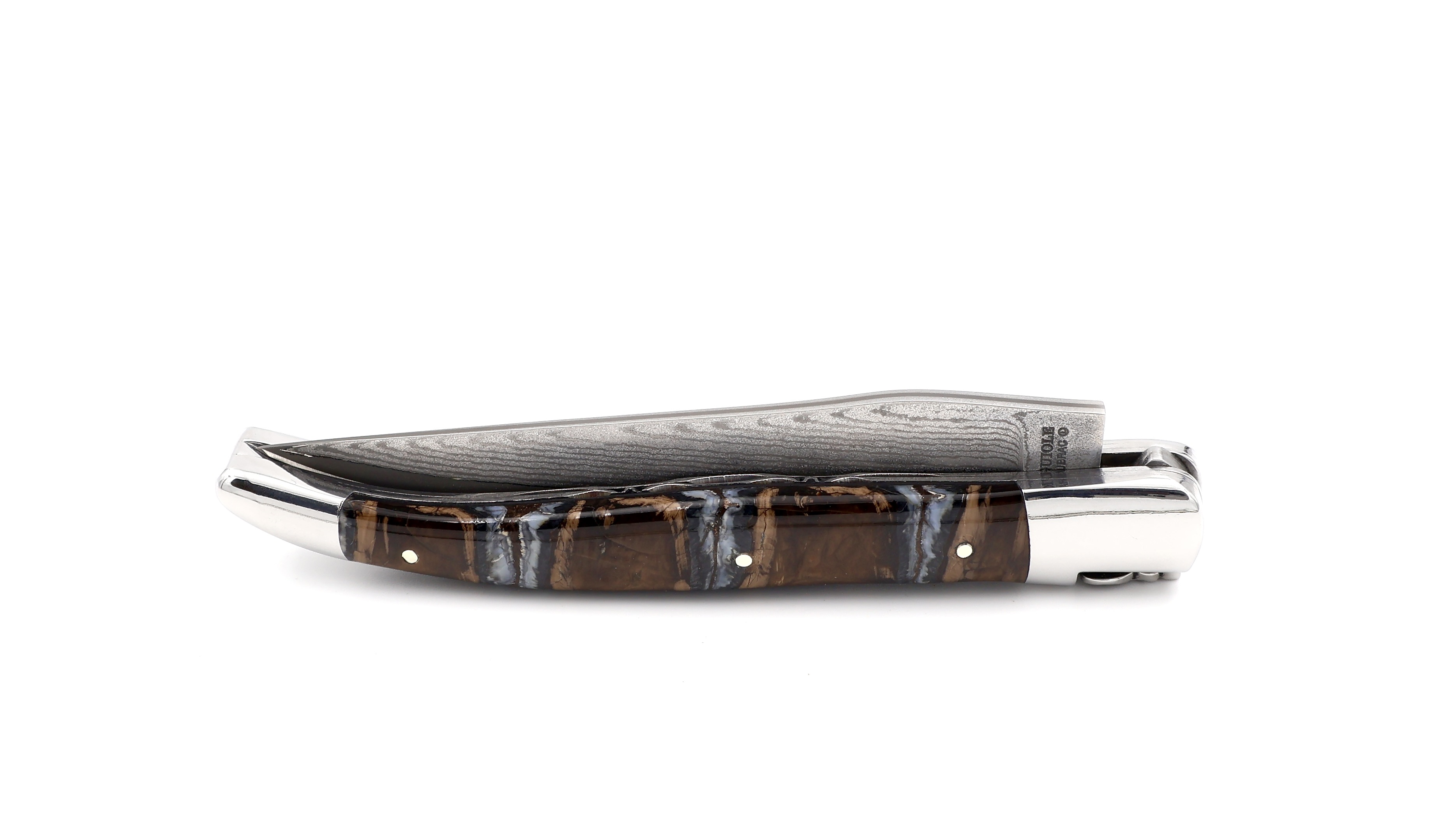 Laguiole en Aubrac jap. Damastklinge Mammutbackenzahn braun Doppelplatine 12 cm 