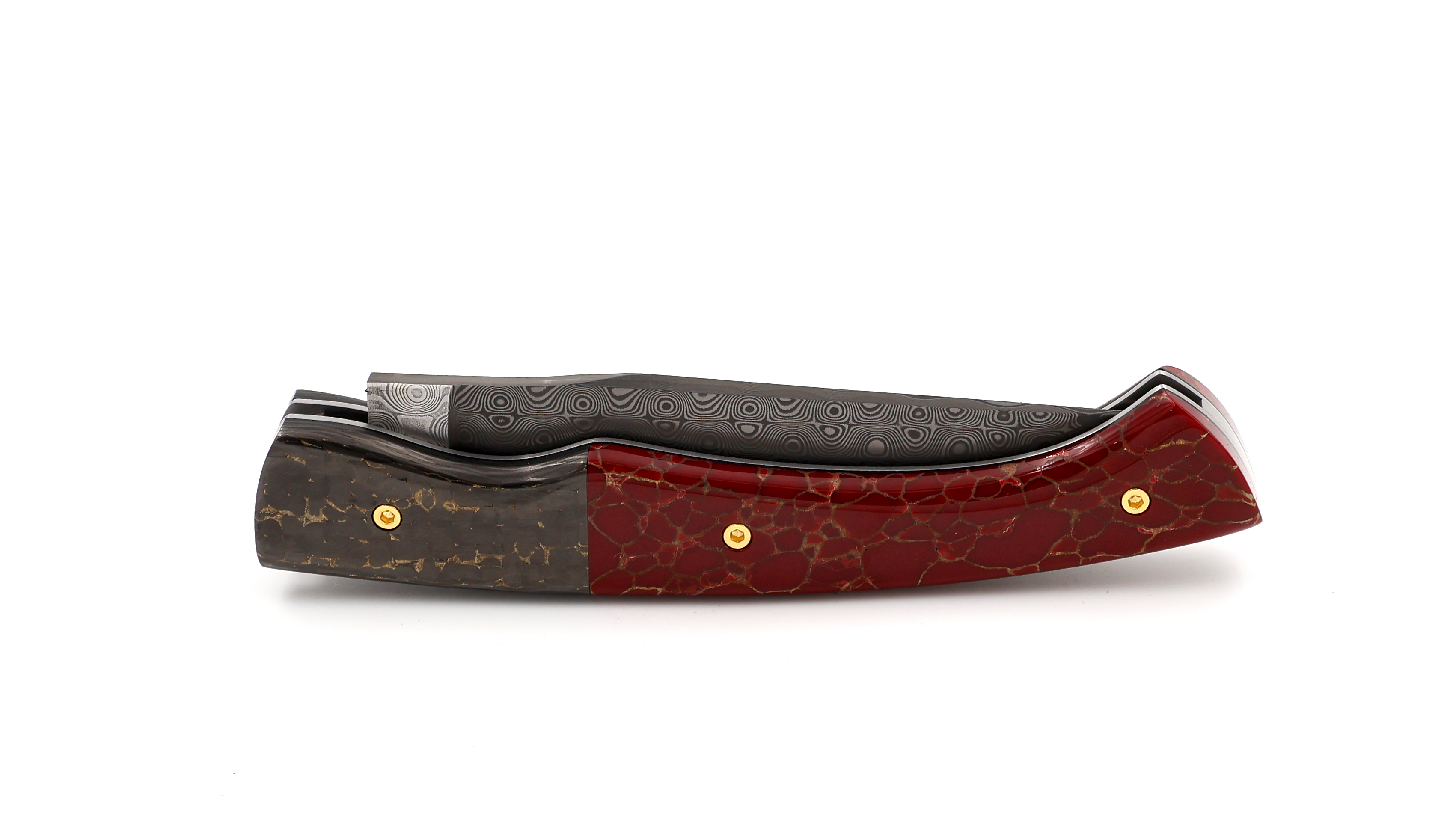 KLEOS folding knife LYKOS FAT Carbon and red stone rose damascus