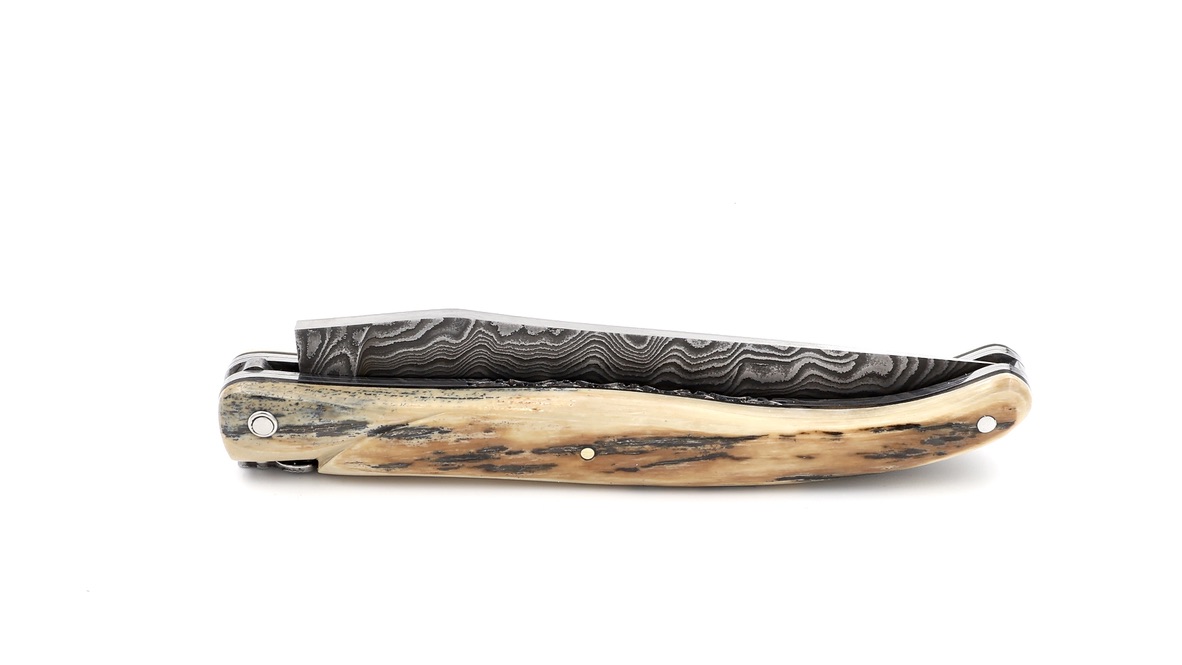 Laguiole en Aubrac double plates knife damascus blade,  full handle Mammoth ivory crust 12 cm