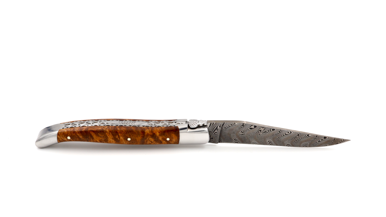 Laguiole en Aubrac damascus amboina burlwood shiny with double plates 12 cm