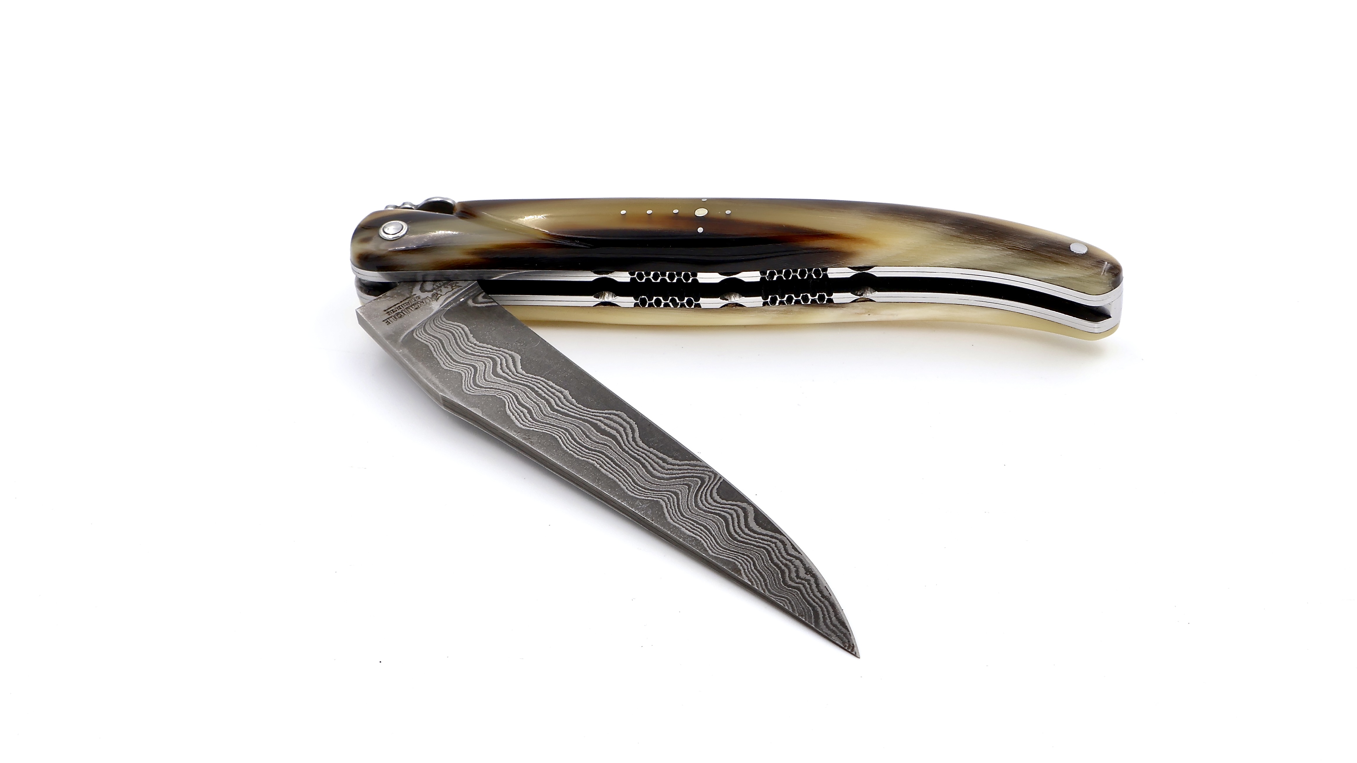 Laguiole en Aubrac Damast Hornspitze massiv Doppelplatine 12 cm