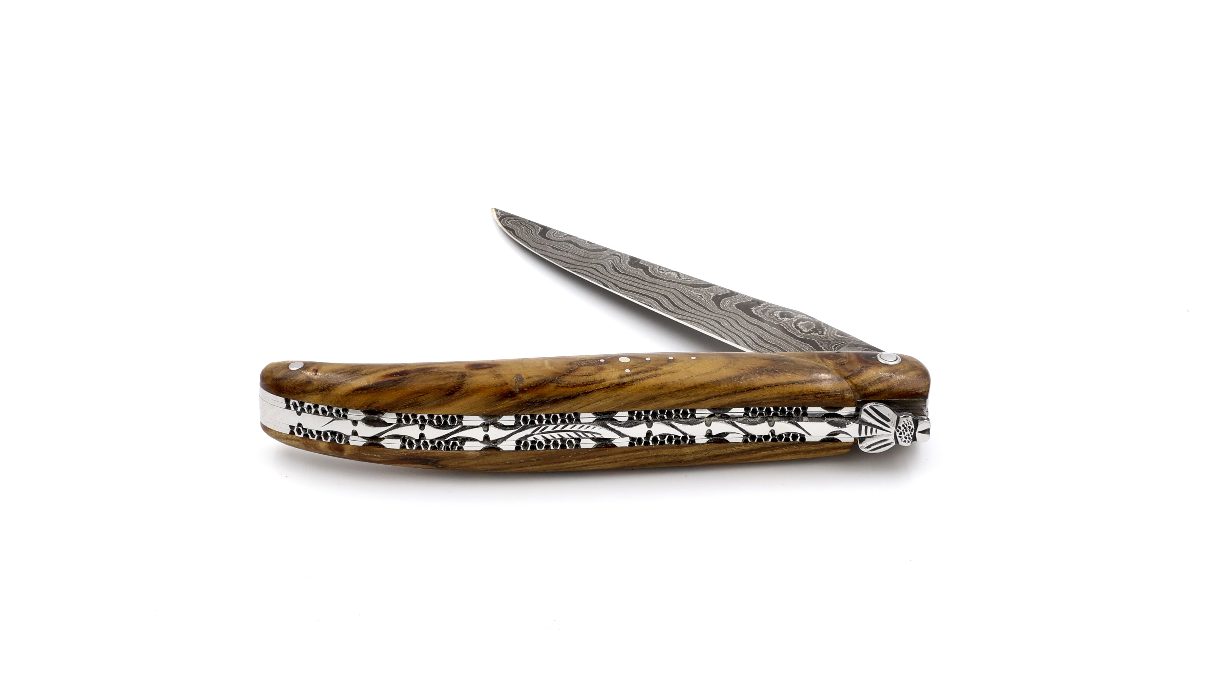 Laguiole en Aubrac double plates knife full handle Pistazio wood 12 cm damascus shiny