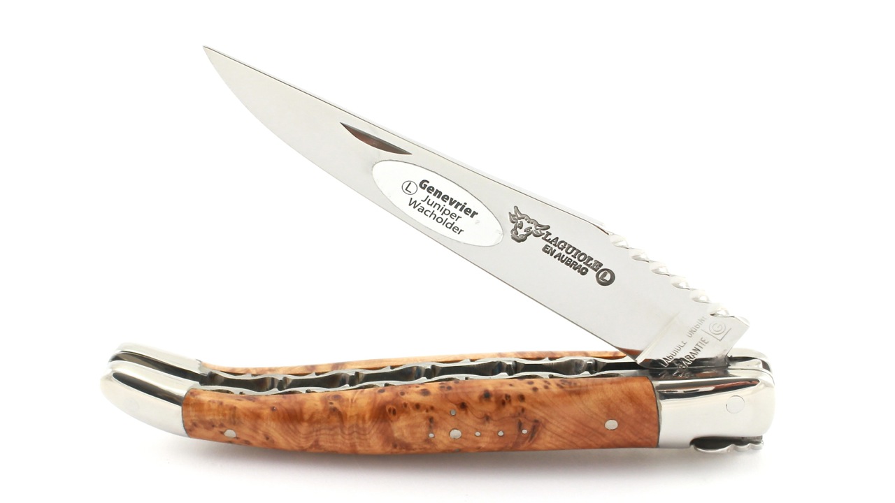 Wacholder-Spiralfeder-poliert-4 Laguiole en Aubrac double plate knife Spiral spring Juniper shiny 12 cm