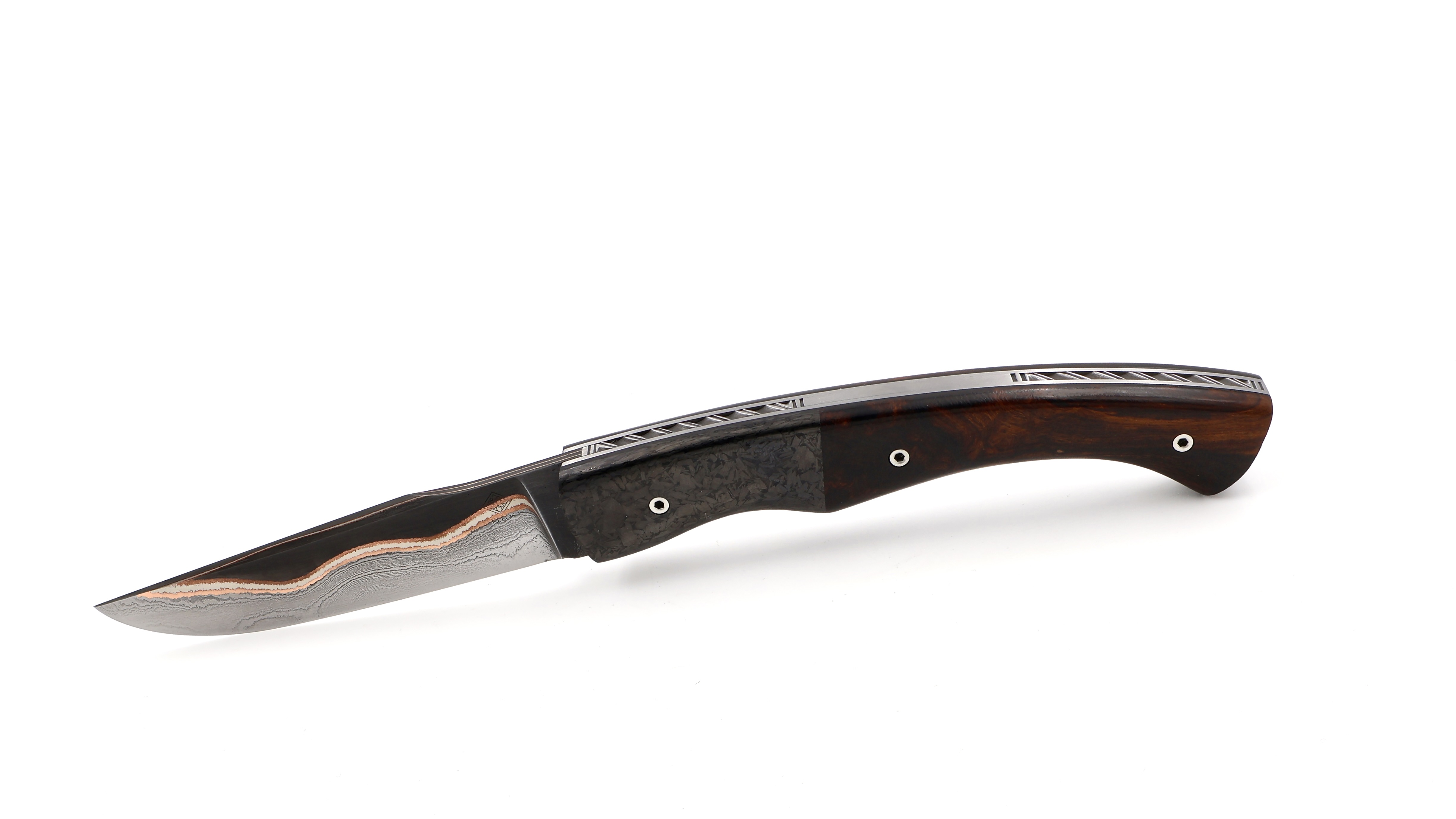 KLEOS folding knife LYKOS burl of iron wood/carbonfiber Volcanic River damascusblade Baker Forge