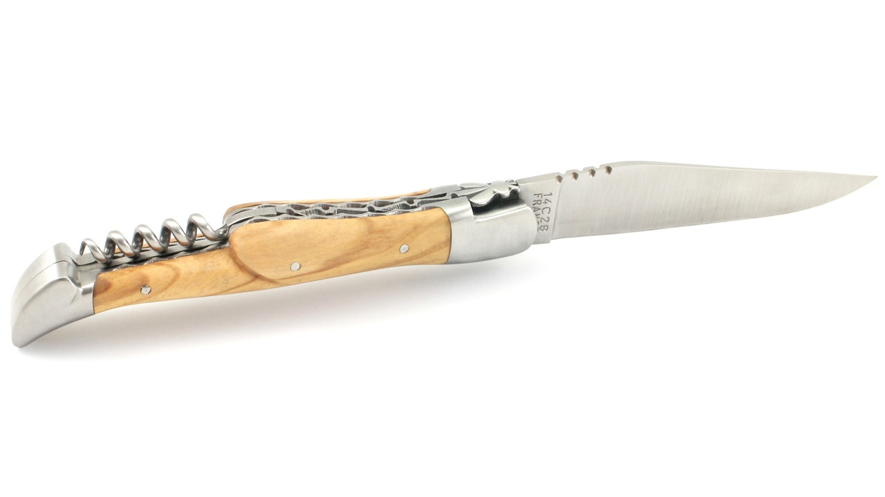 Honoré Durand Laguiole knife Prestige doubleplates with corkscrew olive wood 14C28 12 cm