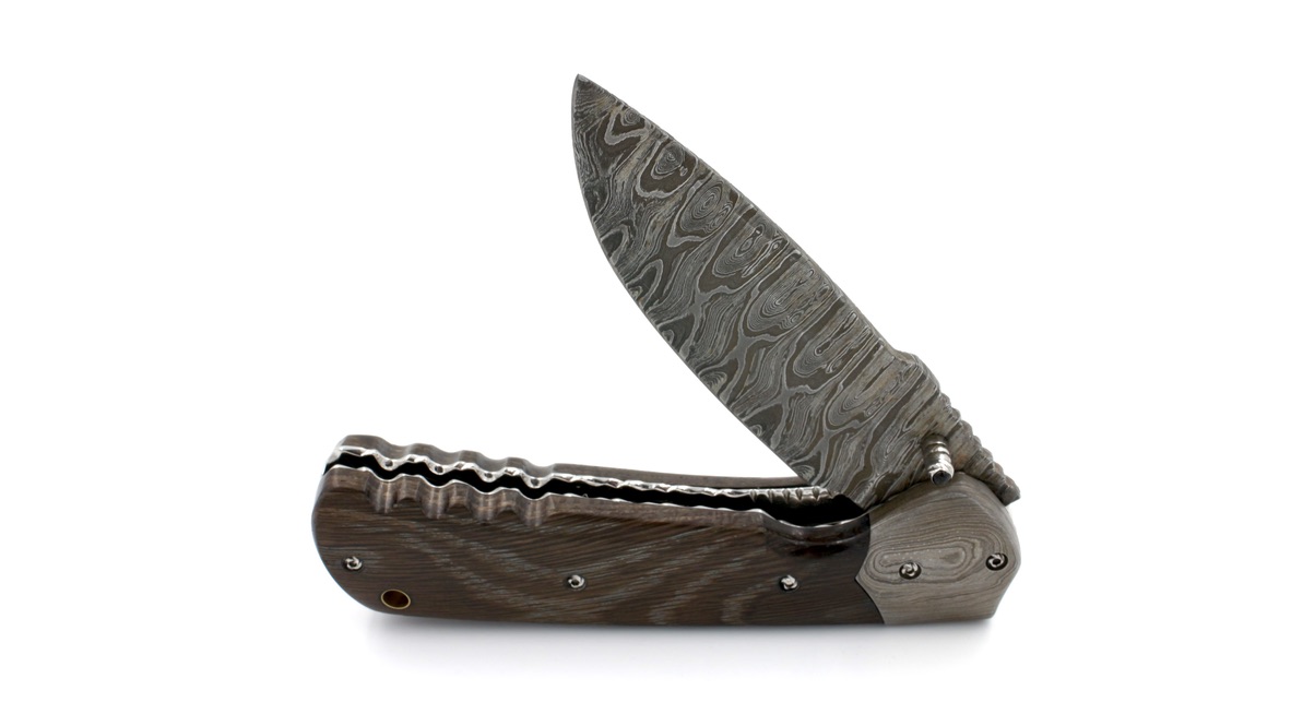 Olivier Moretti  Linerlock Taschenmesser Mooreiche Damastklinge 