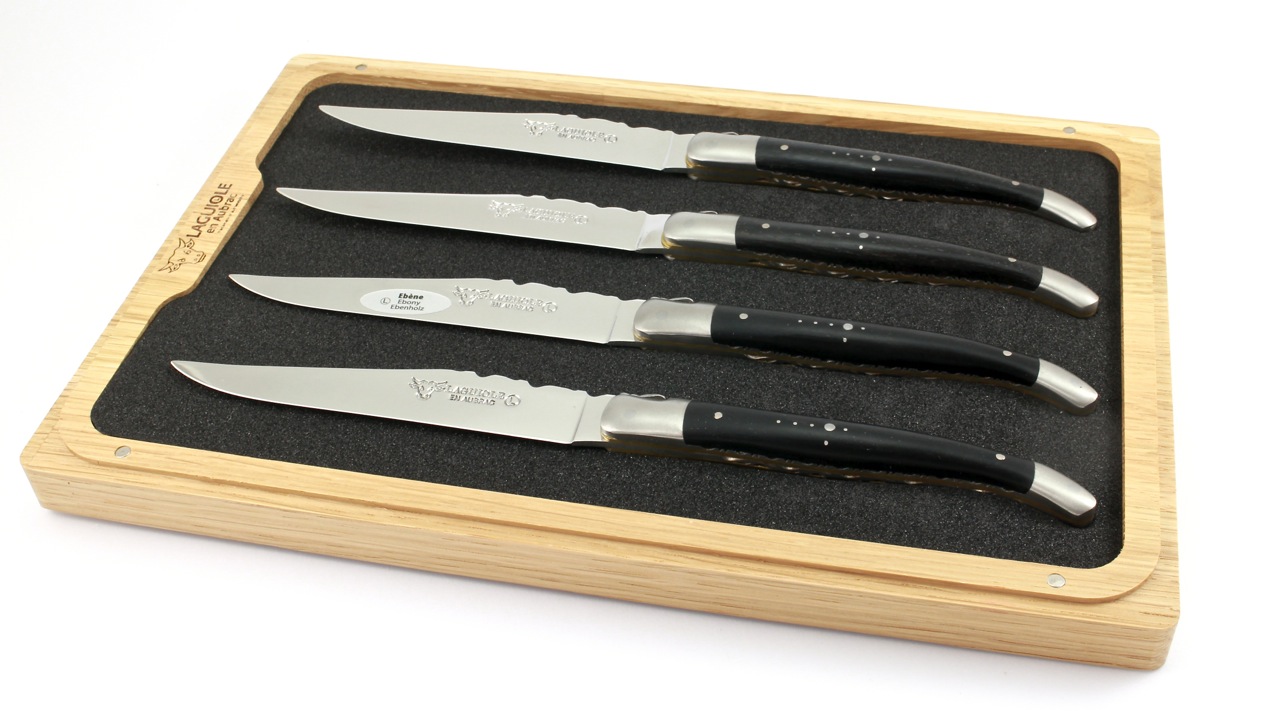 Laguiole en Aubrac  Laguiole Doppelplatinen Steakmesser Ebenholz Set 2-tlg. oder 4-tlg. matt