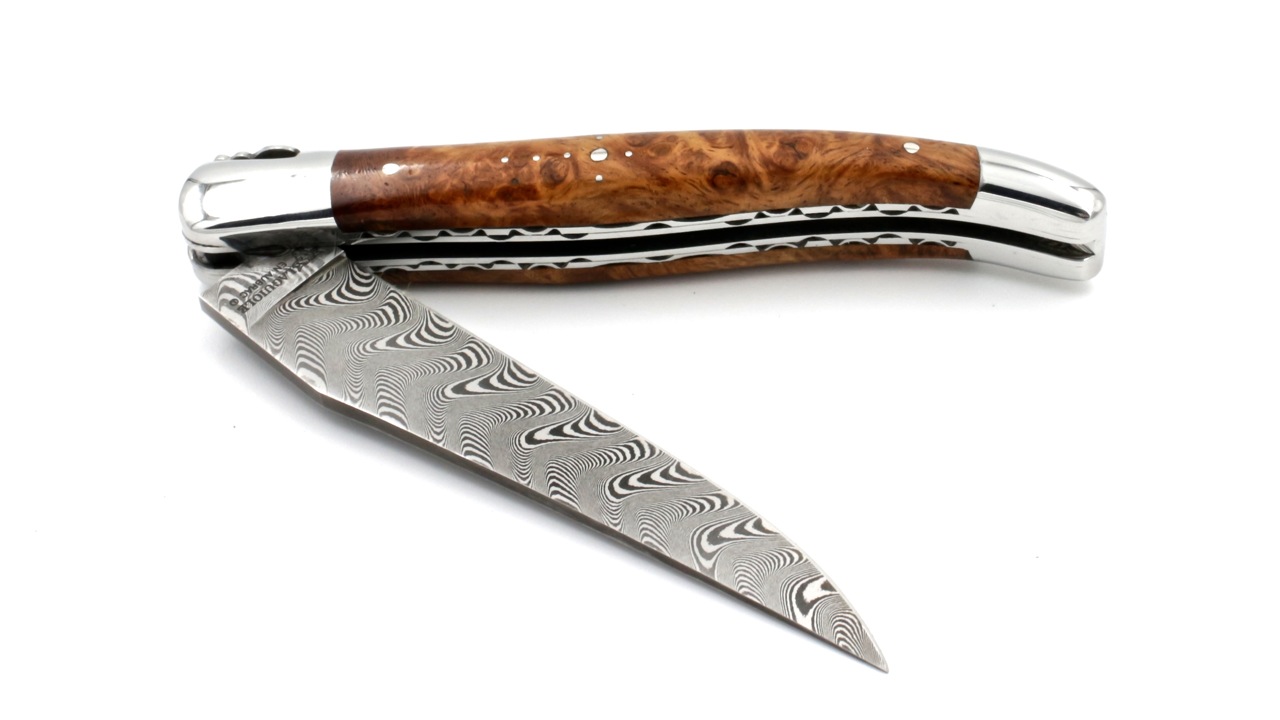 Laguiole en Aubrac damascus amboina burlwood shiny with double plates 12 cm