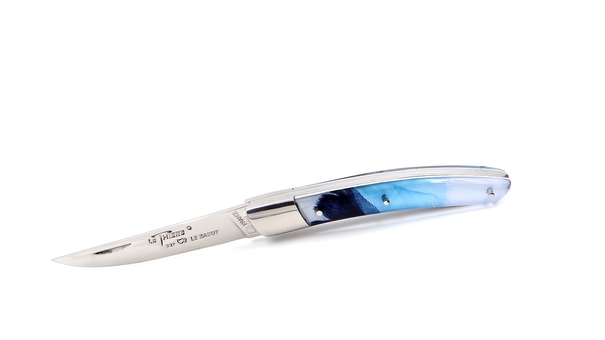 AU SABOT THIERS knife 10 cm blue feather