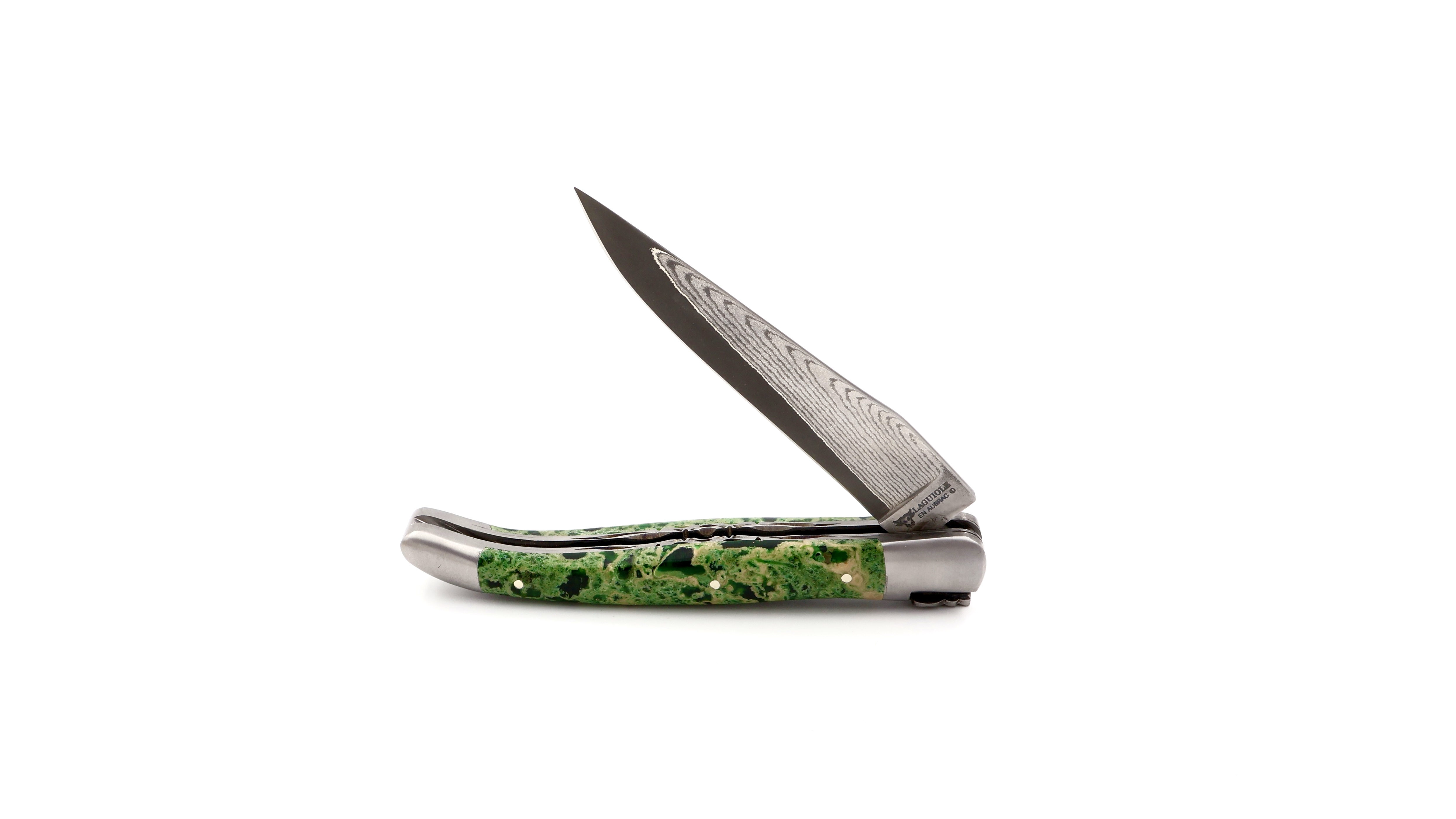 Laguiole en Aubrac jap. Damast grüner Lavastein Doppelplatine 12 cm 