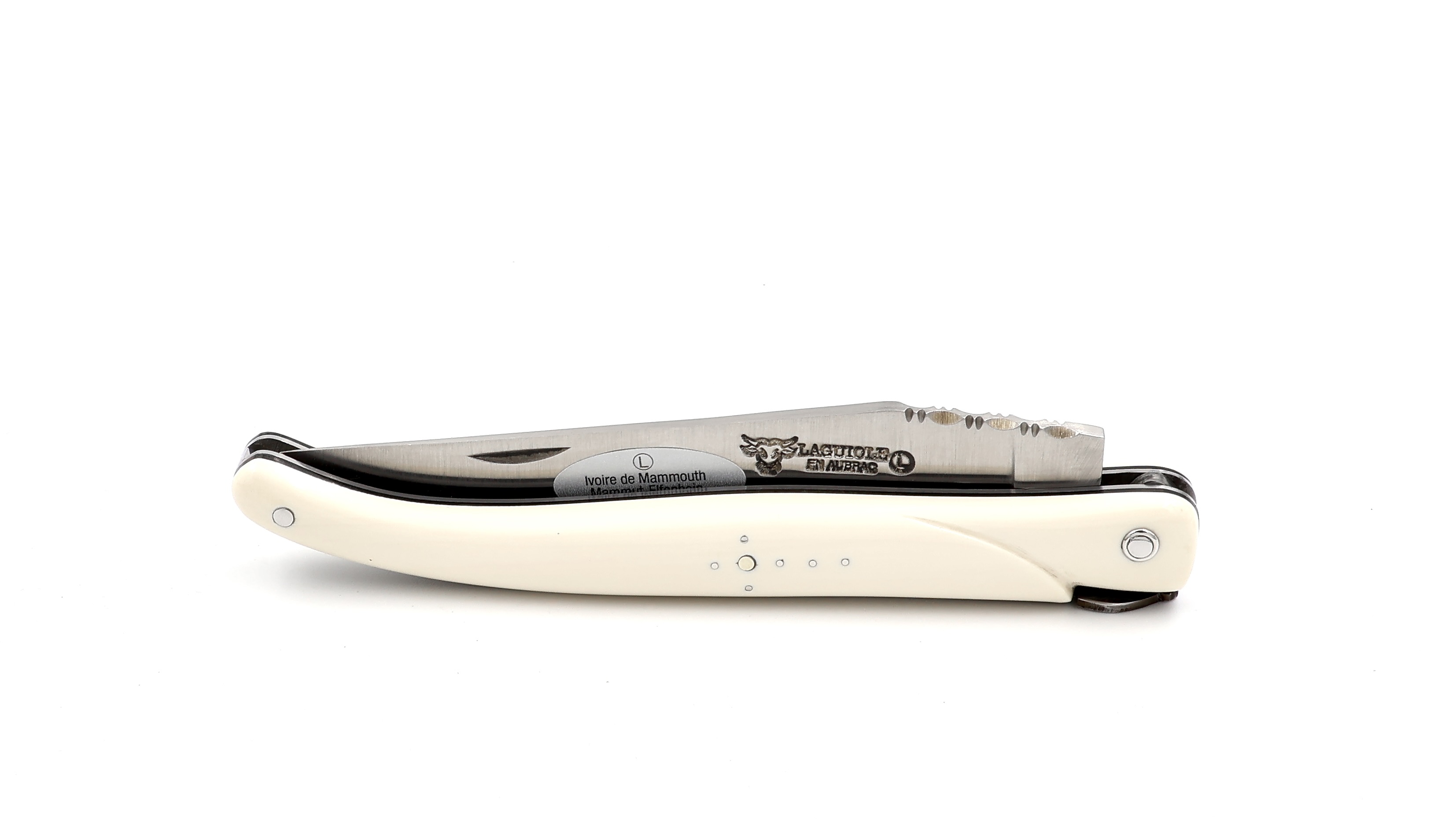 Laguiole en Aubrac Bienenkönigin Mammutelfenbein guillochiert massiver Griff 12 cm 