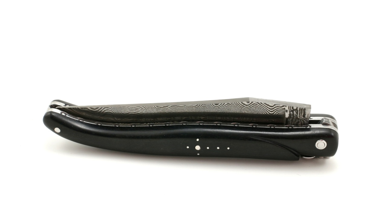 Laguiole en Aubrac damascus ebony full handle with double plates 12 cm shiny