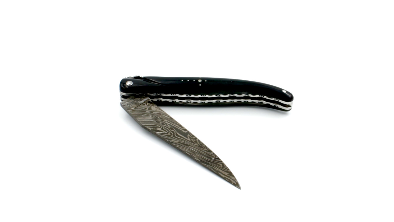 Laguiole en Aubrac Explosionsdamast Spiralfeder Büffelhorn massiv Doppelplatine 12 cm