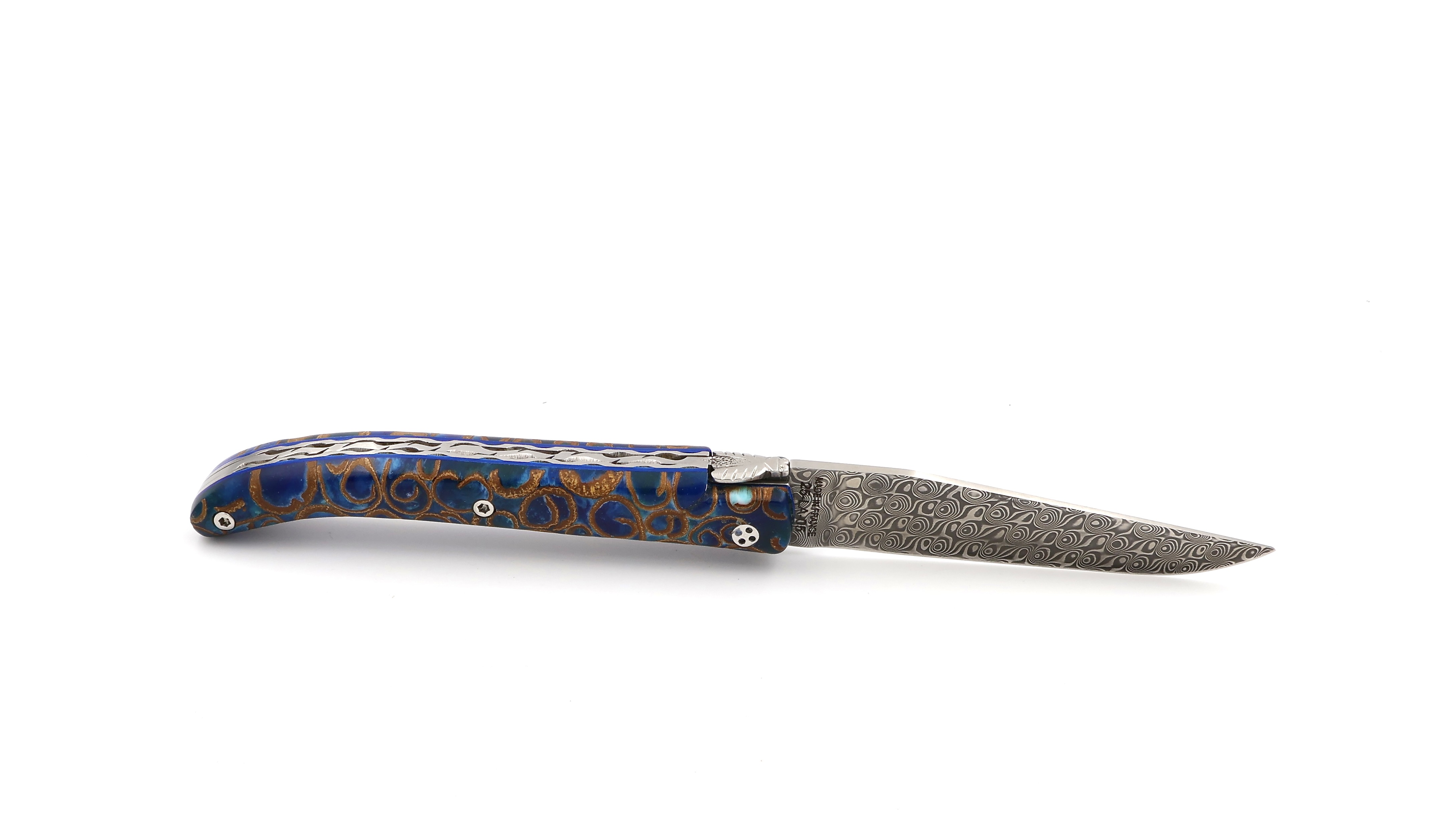 Claude DOZORME Laguiole Messer L'ATELIER Canella blau 12 cm Damastklinge  Claude DOZORME Laguiole Messer L'ATELIER Canella blau 12 cm Damastklinge