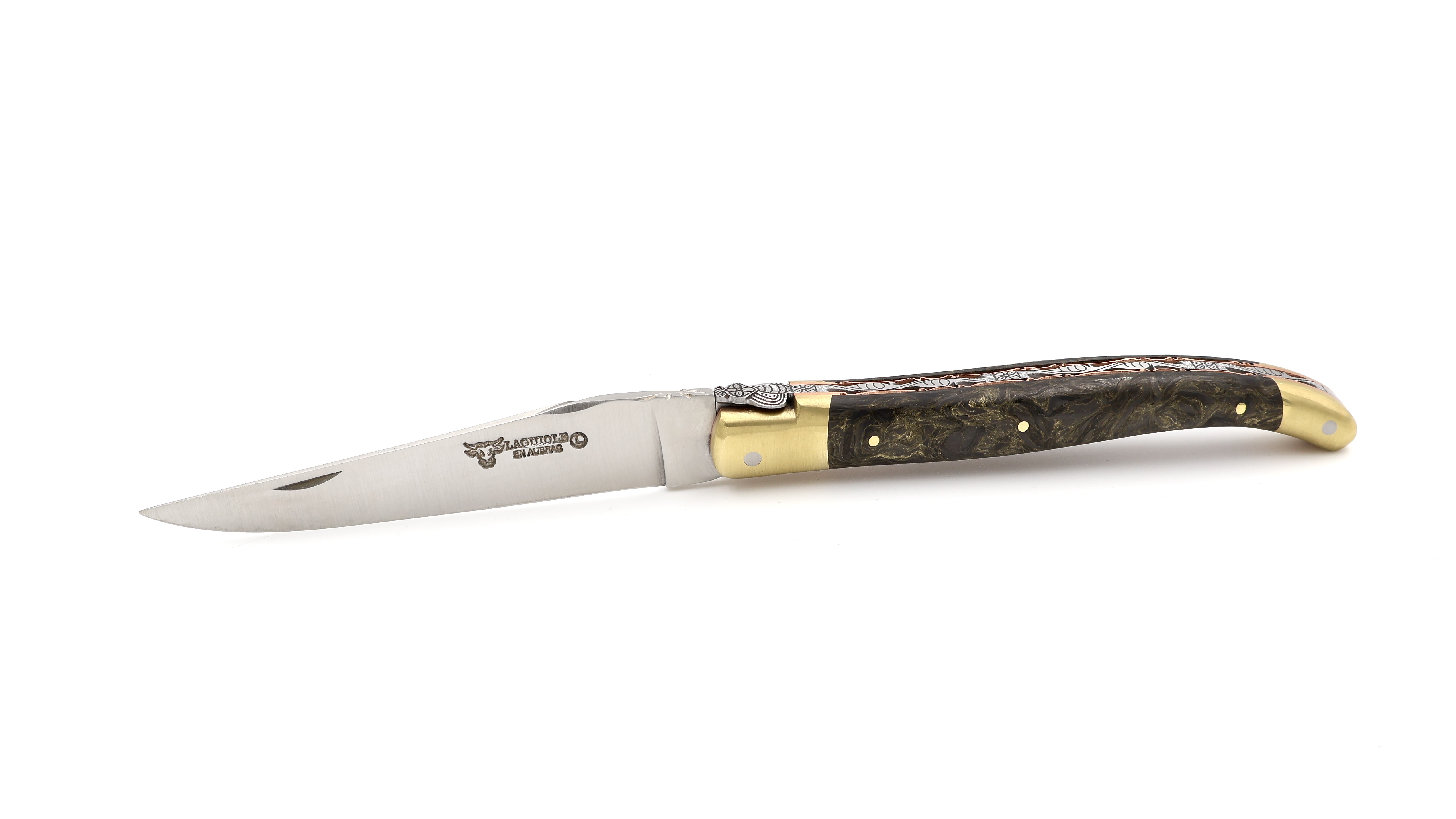 Laguiole en Aubrac BIJOU Messing Carbon guillochierte Platine 12 cm