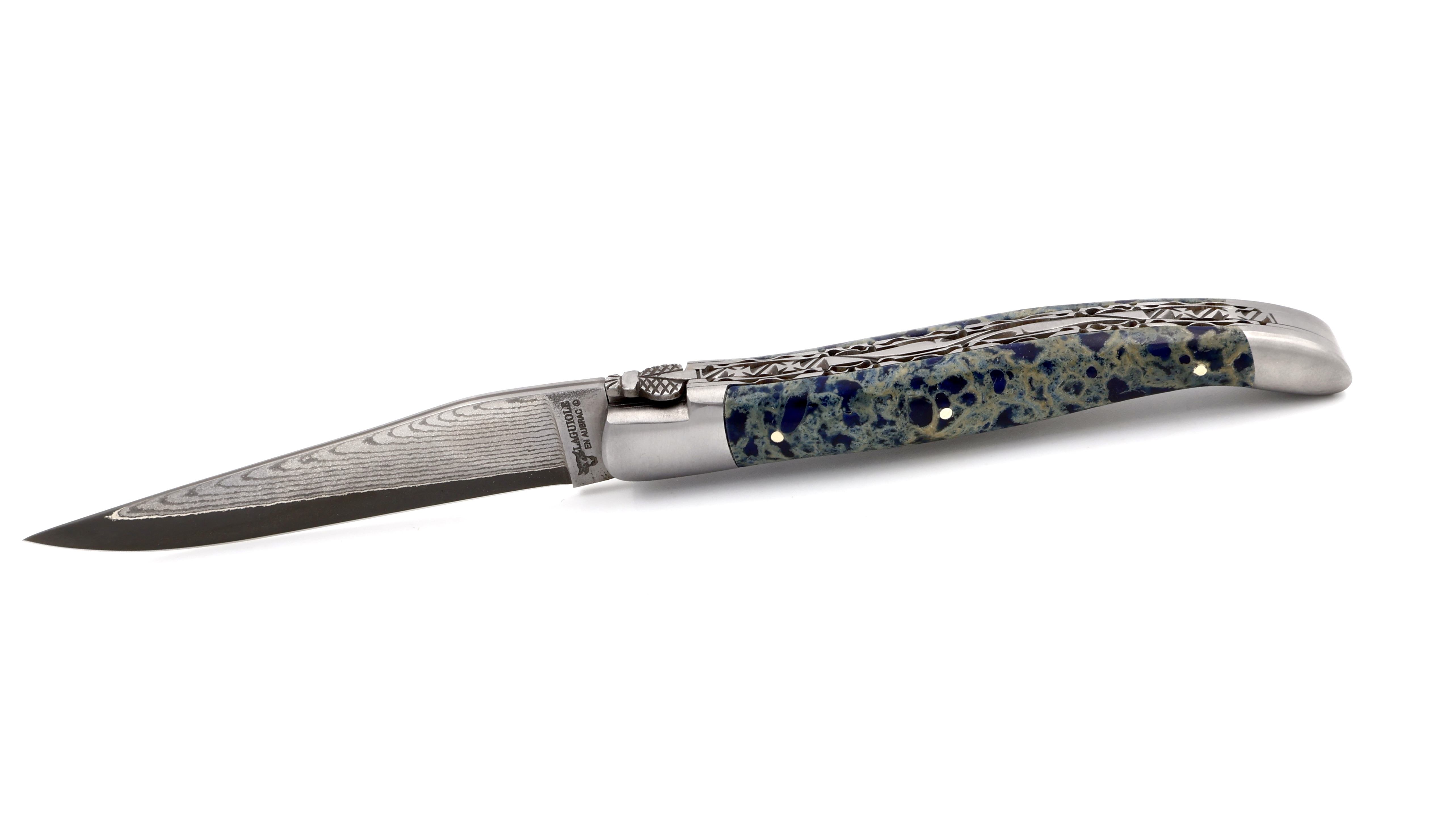 Laguiole en Aubrac jap. Damast  blauer Lavastein Doppelplatine 12 cm 