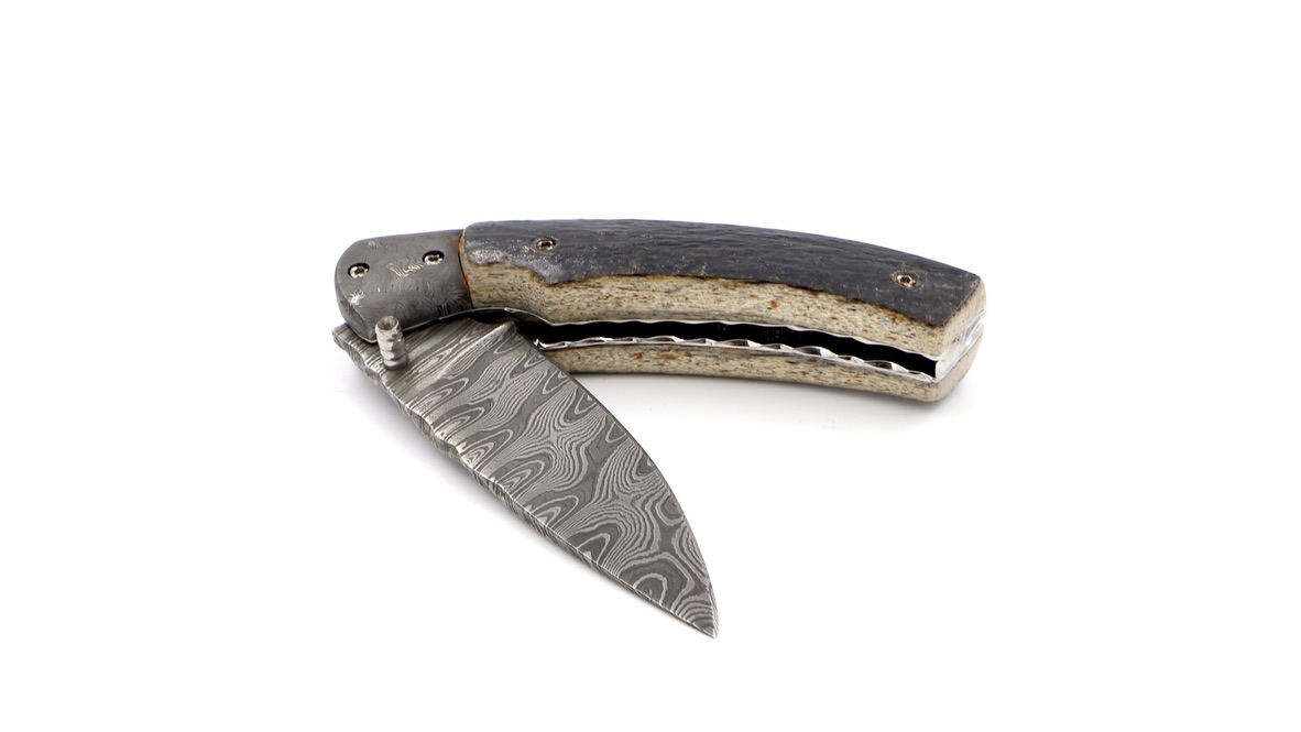 Olivier Moretti Linerlock Taschenmesser Mammutknochen Damastklinge