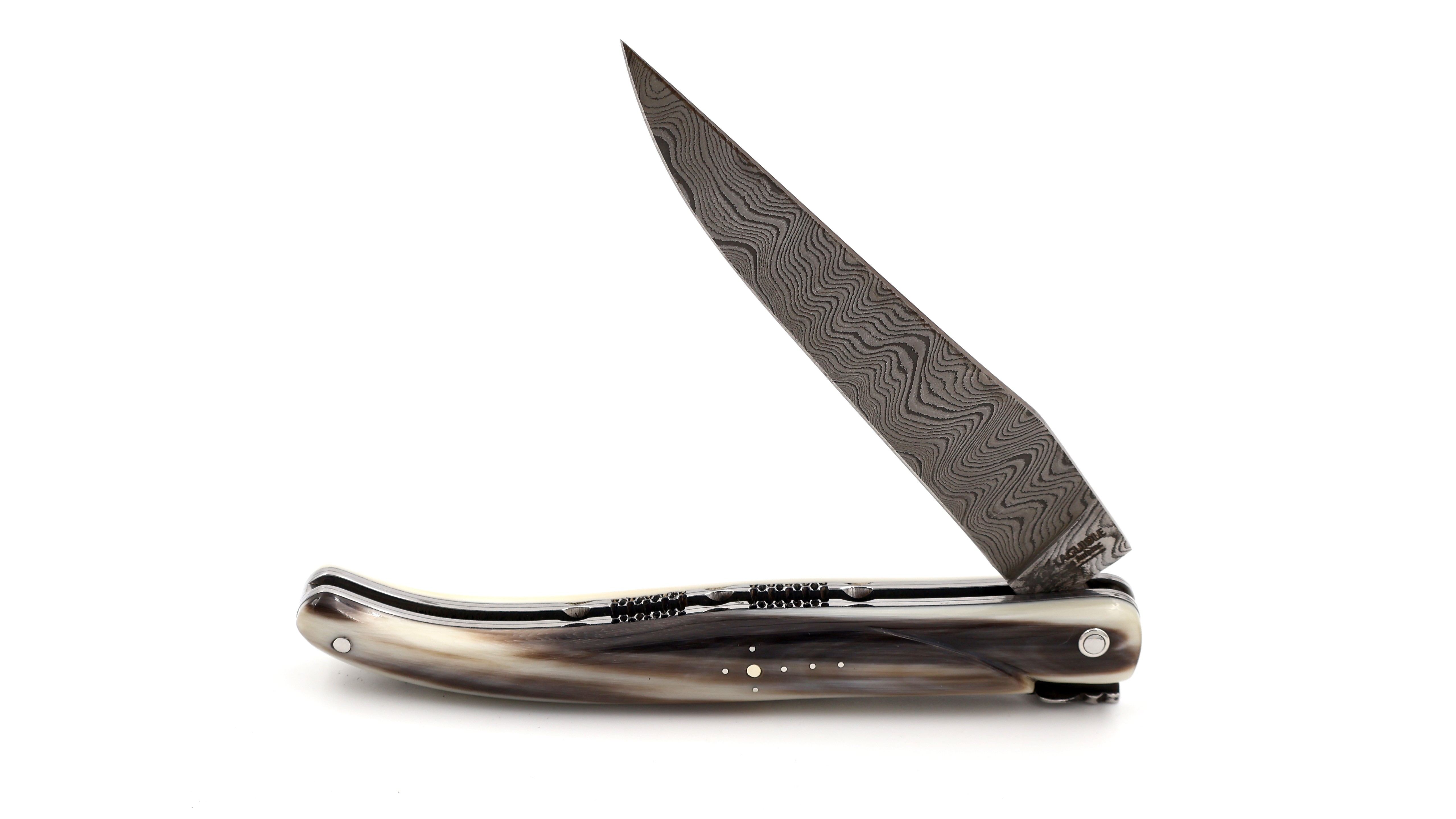 Laguiole en Aubrac double plates knife full handle horntip 12 cm damascus