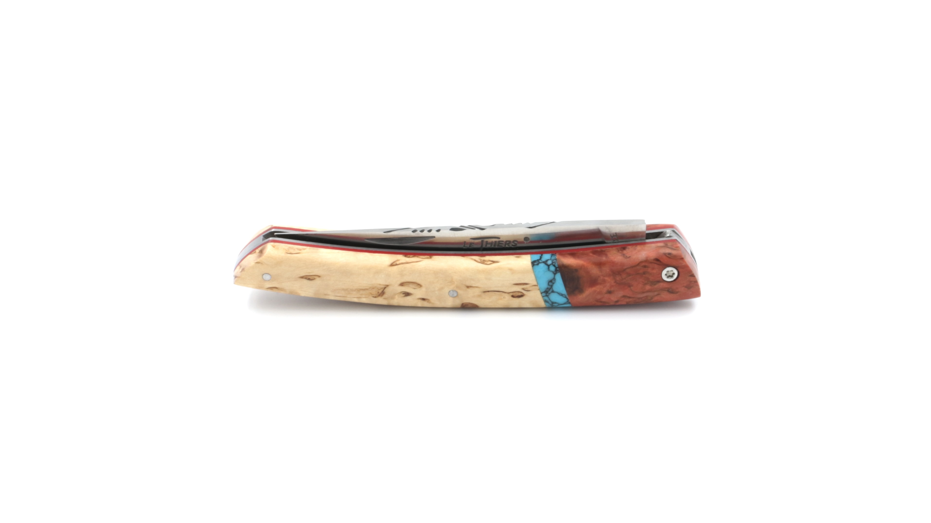 AU SABOT Le Thiers Messer 12 cm finnische Maserbirke Inlay Türkis 