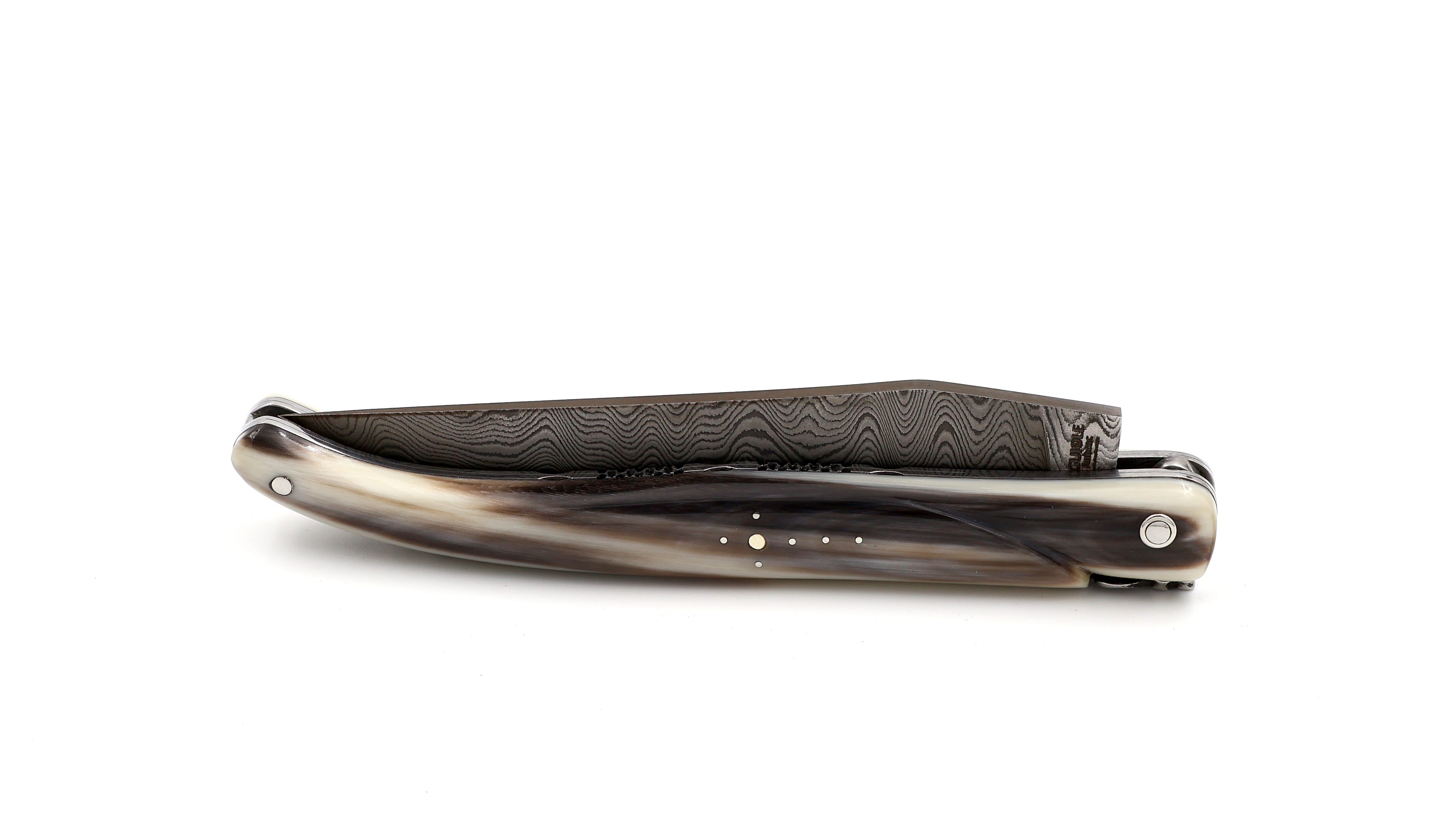 Laguiole en Aubrac double plates knife full handle horntip 12 cm damascus