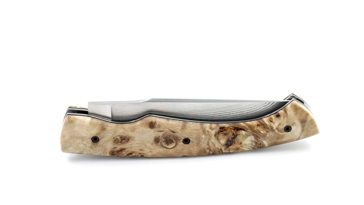 KLEOS folding knife LYKOS stabilzed poplar burl VG10 suminagashi damascus blade