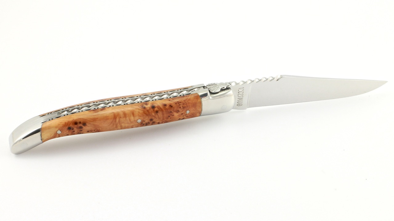 Wacholder-Spiralfeder-poliert-6 Laguiole en Aubrac double plate knife Spiral spring Juniper shiny 12 cm