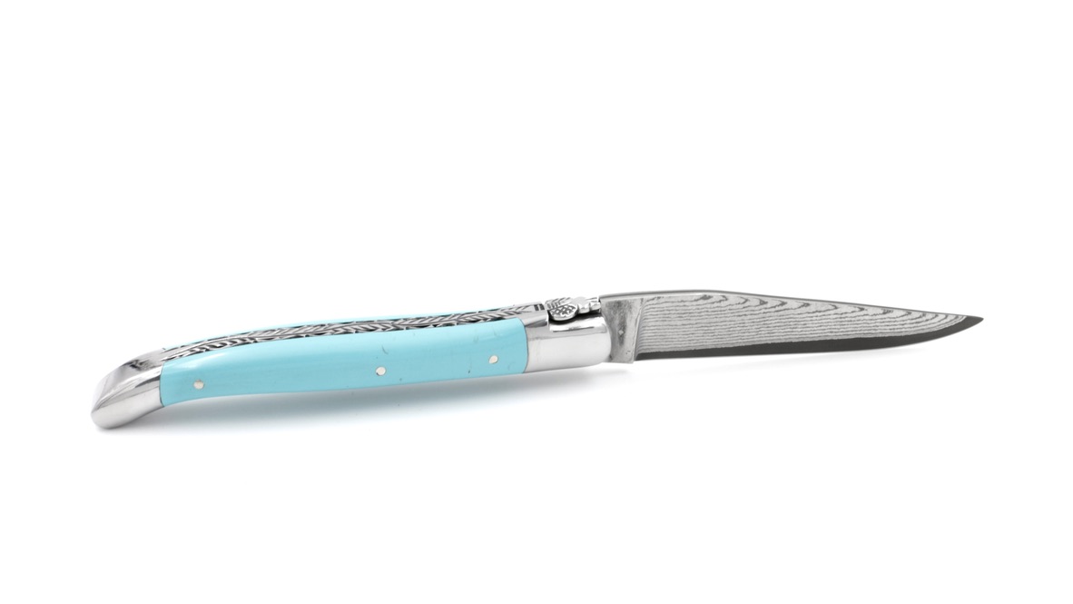 Laguiole en Aubrac knife jap. damascus turquoise stabilized stone with chiseled plates 12 cm
