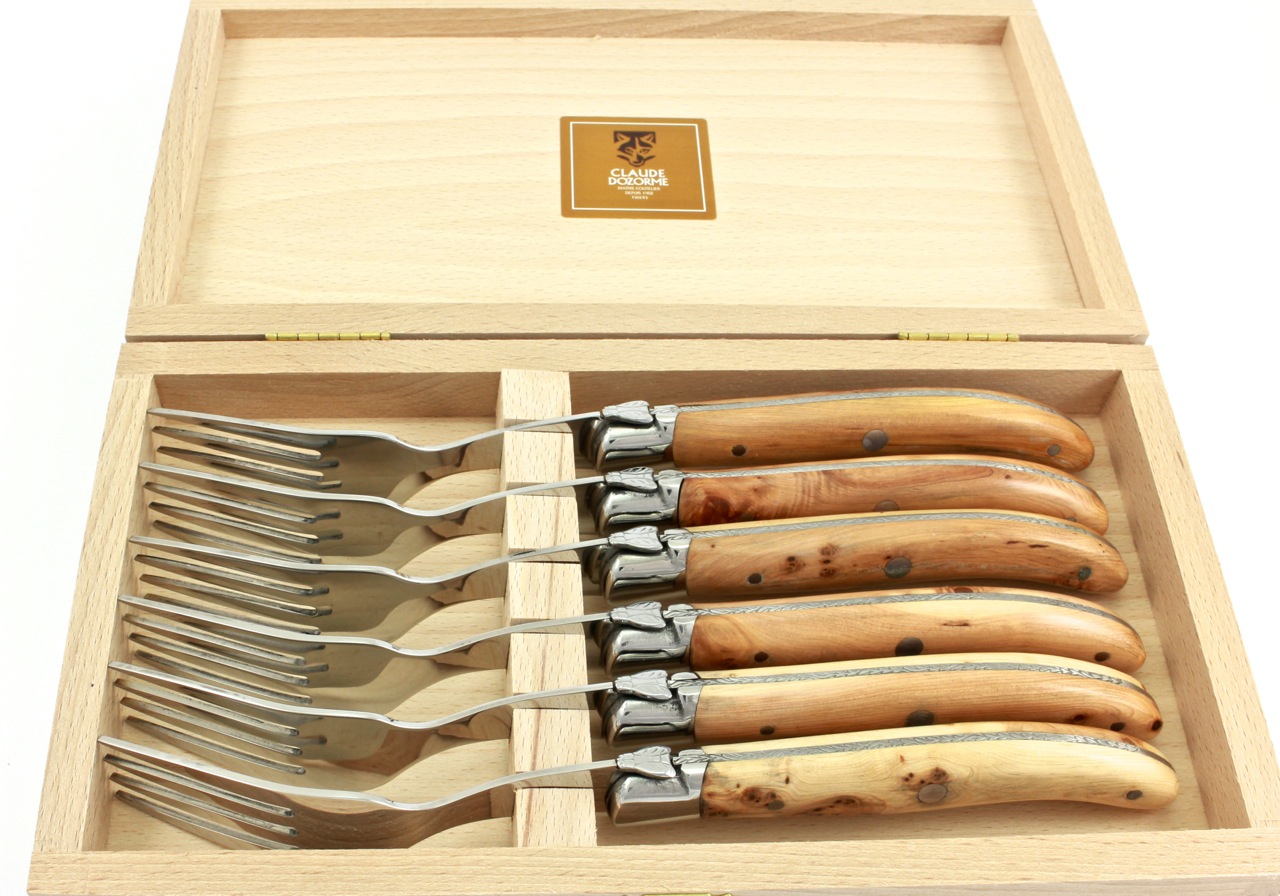 Wacholder-Gabel-6-teilig-2 Claude DOZORME Laguiole forks set of 6 juniper wood