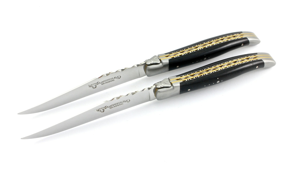 Laguiole en Aubrac  Laguiole Doppelplatinen Steakmesser Ebenholz Set 2-tlg. oder 4-tlg. matt